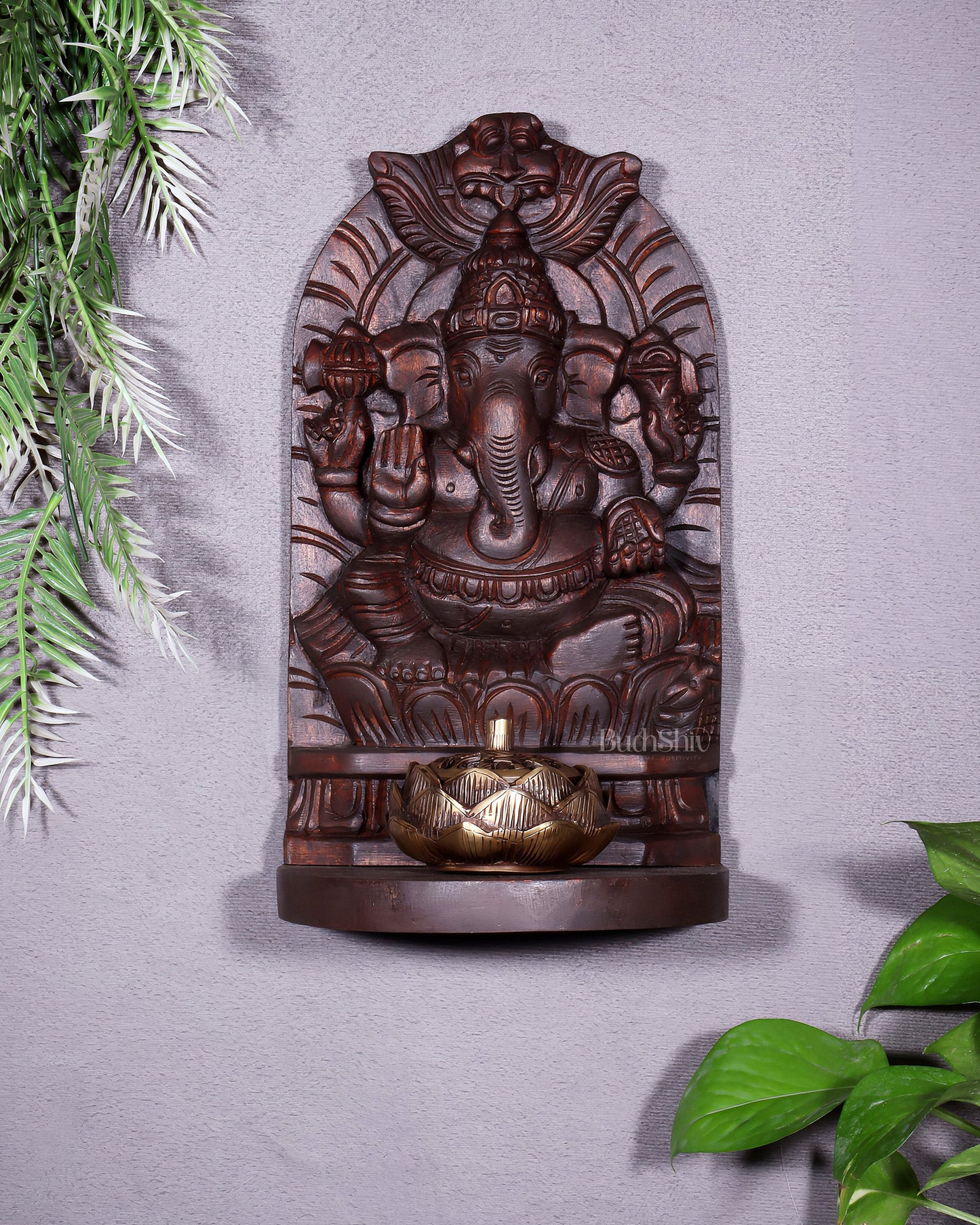 Wooden Lord Ganesha Carved Wall Hanging Shelf – Decorative Display Shelf 12"