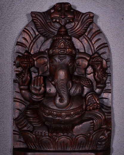 Wooden Lord Ganesha Carved Wall Hanging Shelf – Decorative Display Shelf 12"