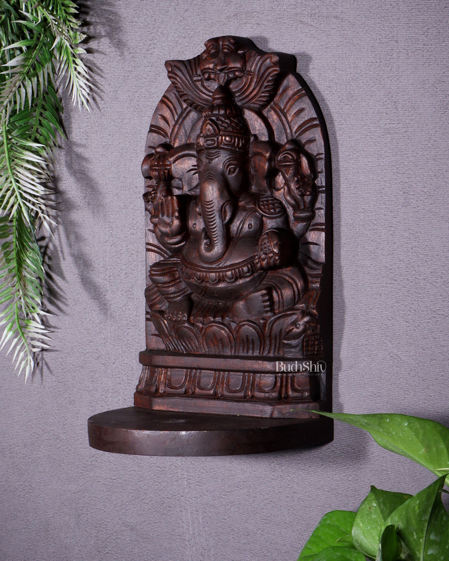 Wooden Lord Ganesha Carved Wall Hanging Shelf – Decorative Display Shelf 12"