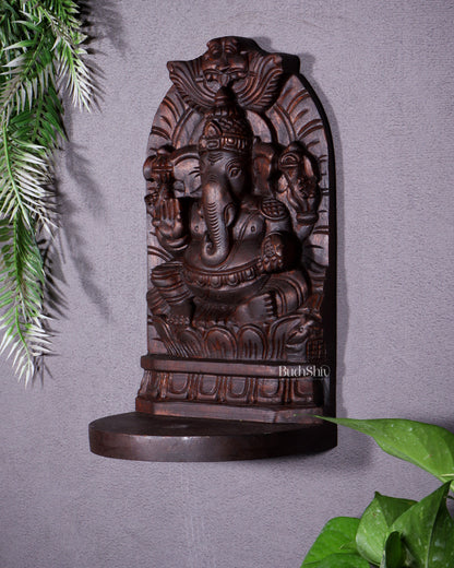 Wooden Lord Ganesha Carved Wall Hanging Shelf – Decorative Display Shelf 12"