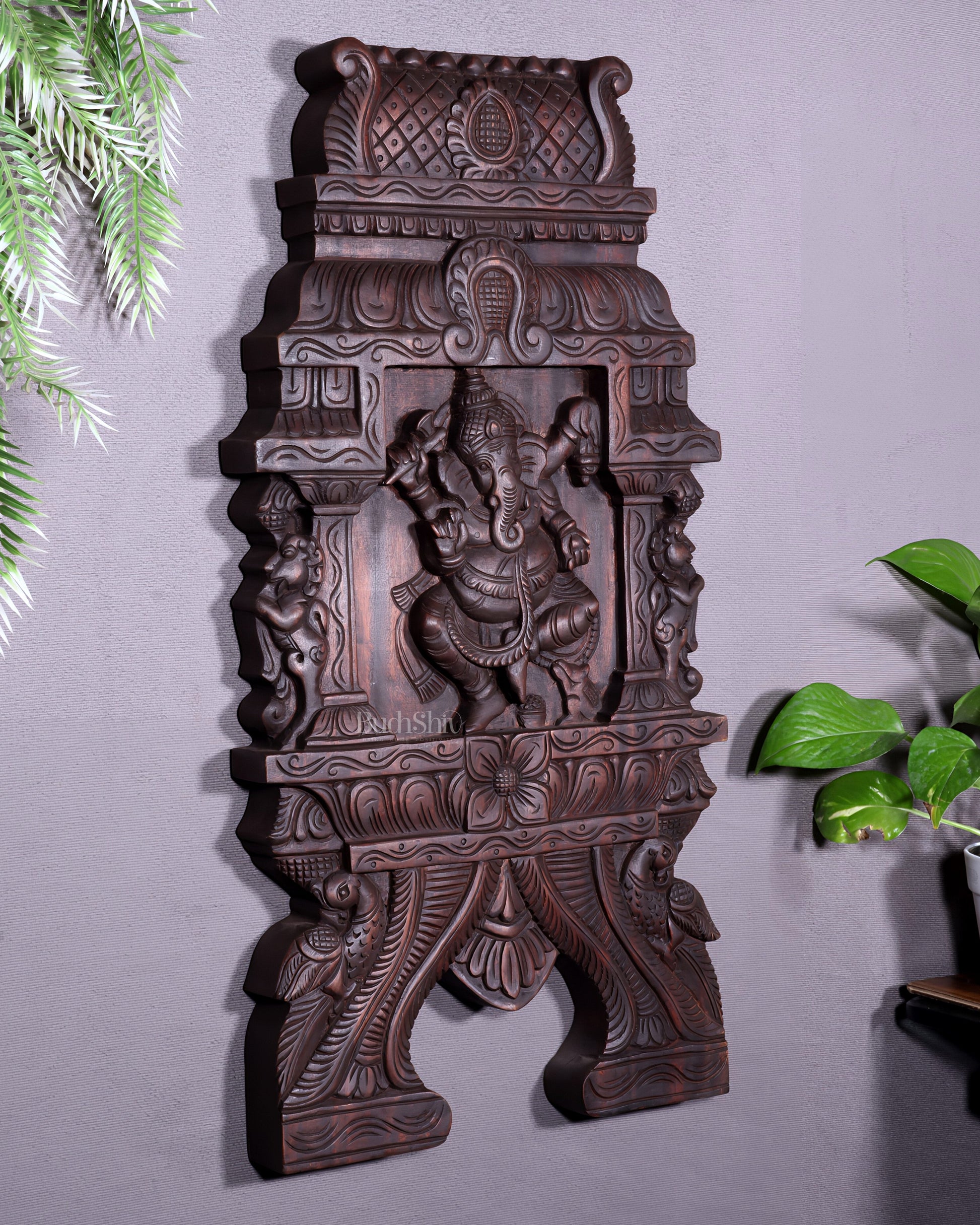 Wooden Dancing Ganesha Wall Hanging Panel – Handcrafted 23.6"