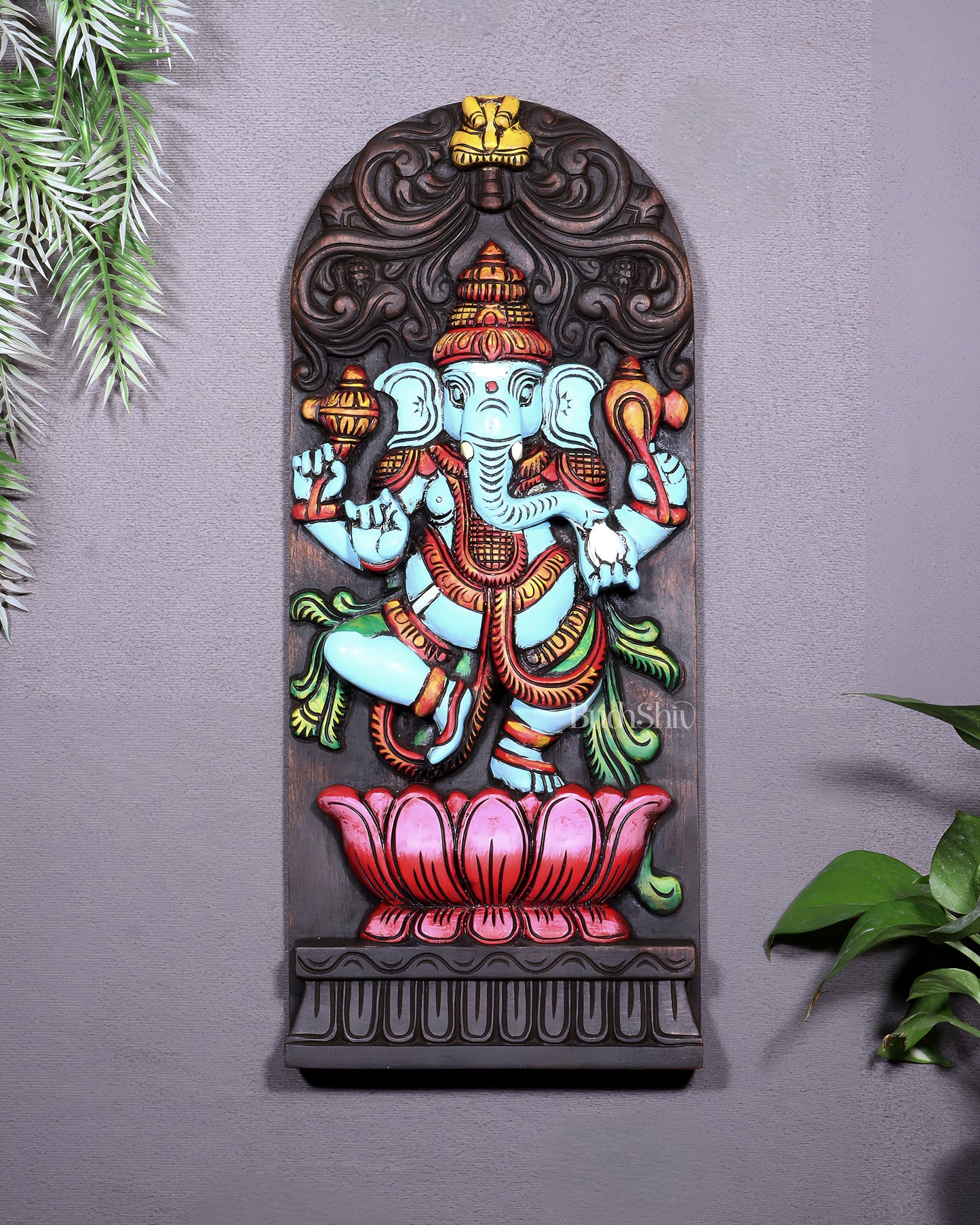 Wooden Ganesha Dancing on Lotus Motif – Vertical Wall Hanging Panel
