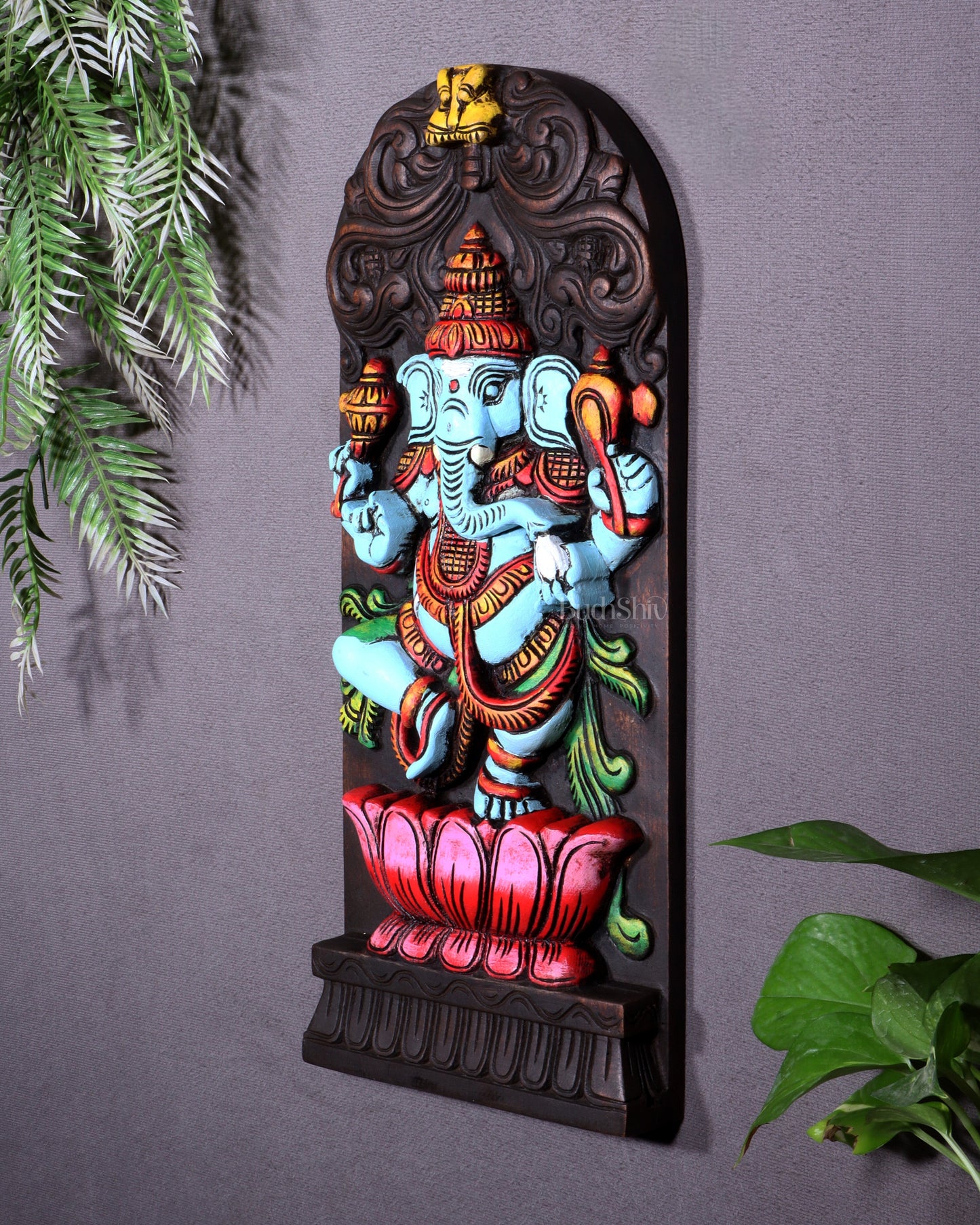 Wooden Ganesha Dancing on Lotus Motif – Vertical Wall Hanging Panel