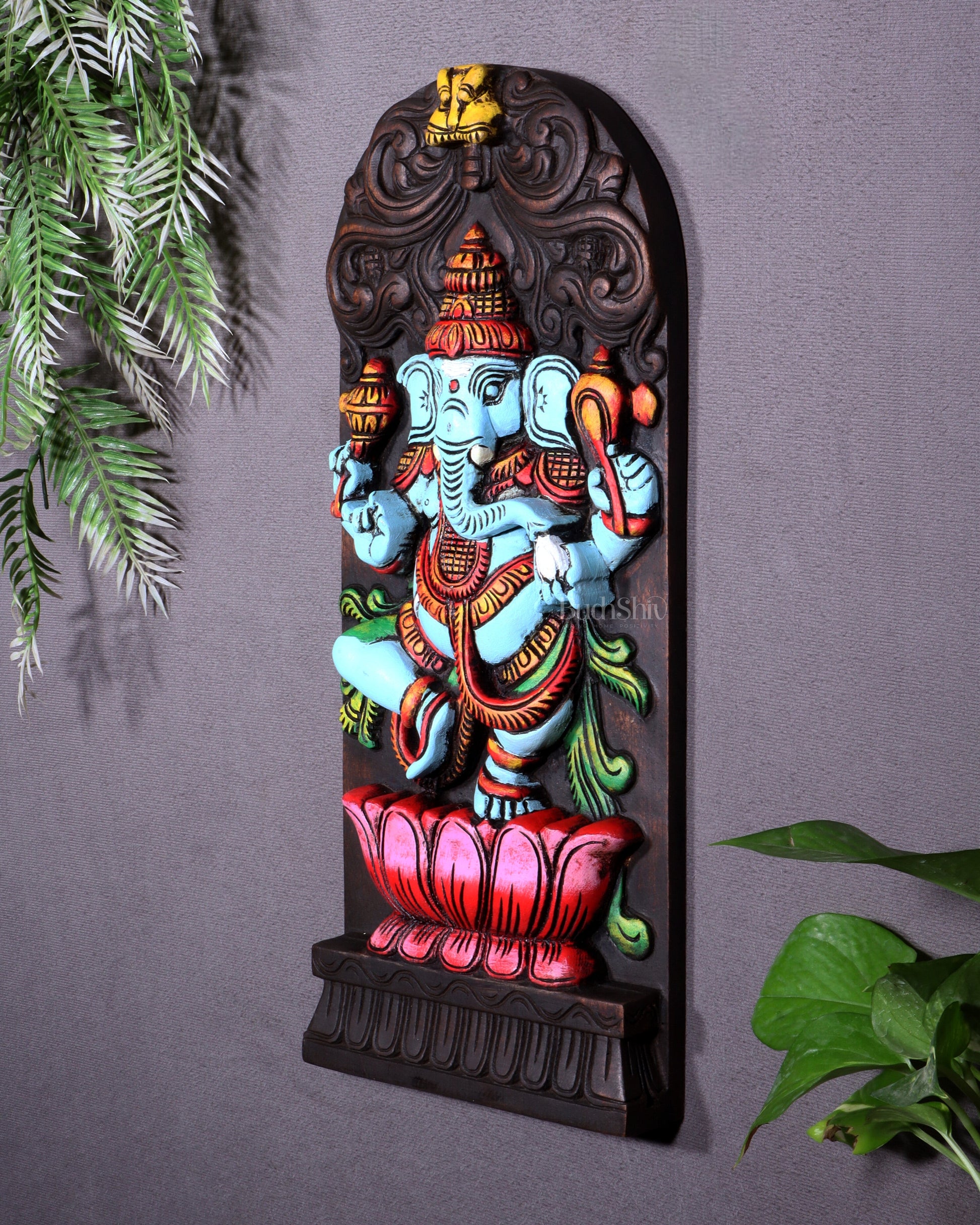 Wooden Ganesha Dancing on Lotus Motif – Vertical Wall Hanging Panel