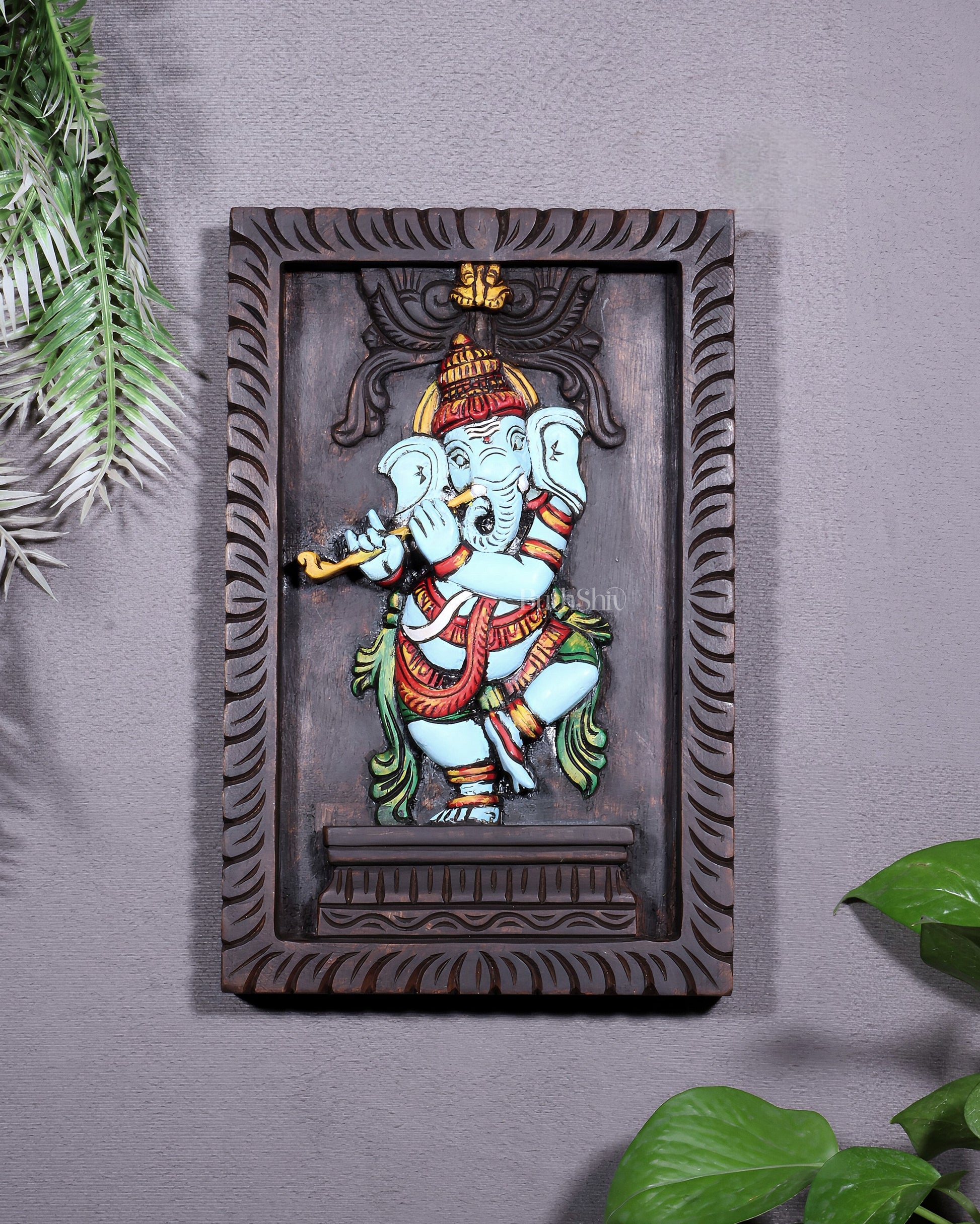 Dancing Ganesha Playing Flute – Handcrafted & Hand-Painted Wooden Wall Hanging Panel 18"