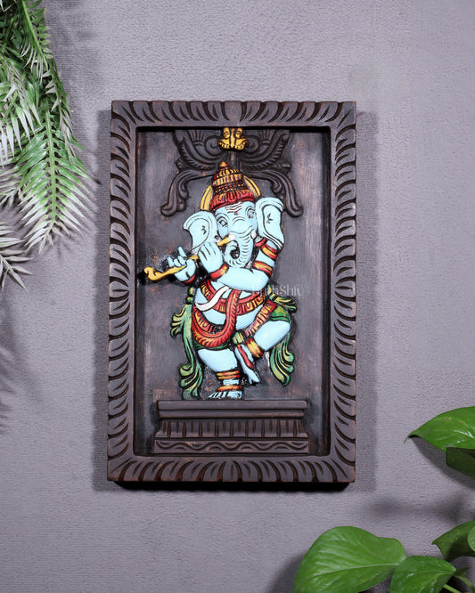 Dancing Ganesha Playing Flute – Handcrafted & Hand-Painted Wooden Wall Hanging Panel 18"