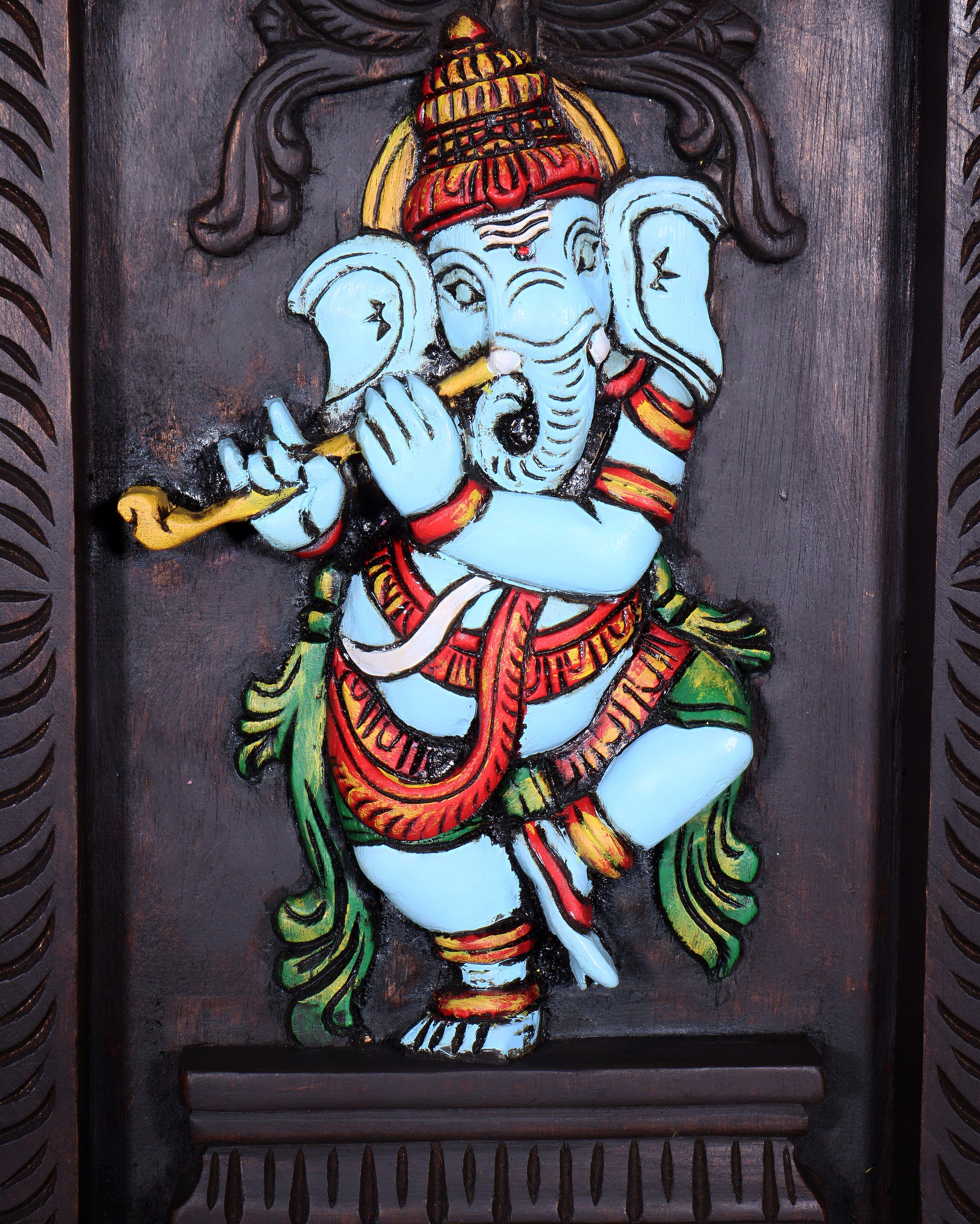 Dancing Ganesha Playing Flute – Handcrafted & Hand-Painted Wooden Wall Hanging Panel 18"