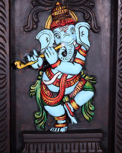 Dancing Ganesha Playing Flute – Handcrafted & Hand-Painted Wooden Wall Hanging Panel 18"
