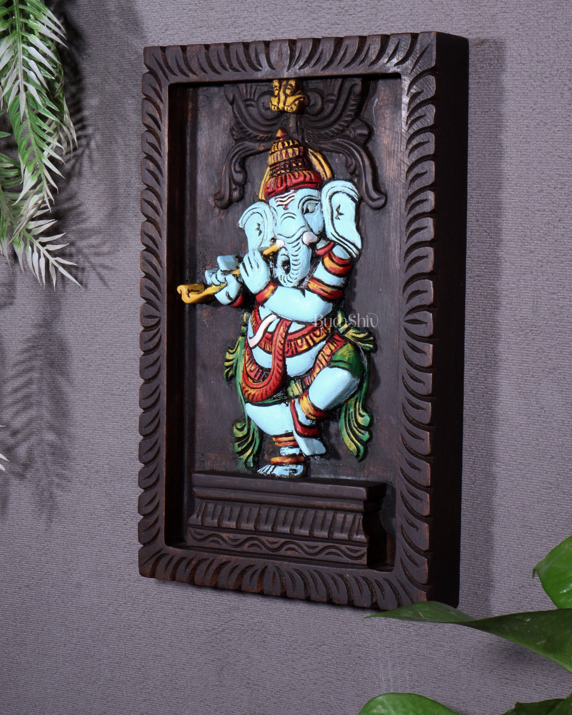 Dancing Ganesha Playing Flute – Handcrafted & Hand-Painted Wooden Wall Hanging Panel 18"