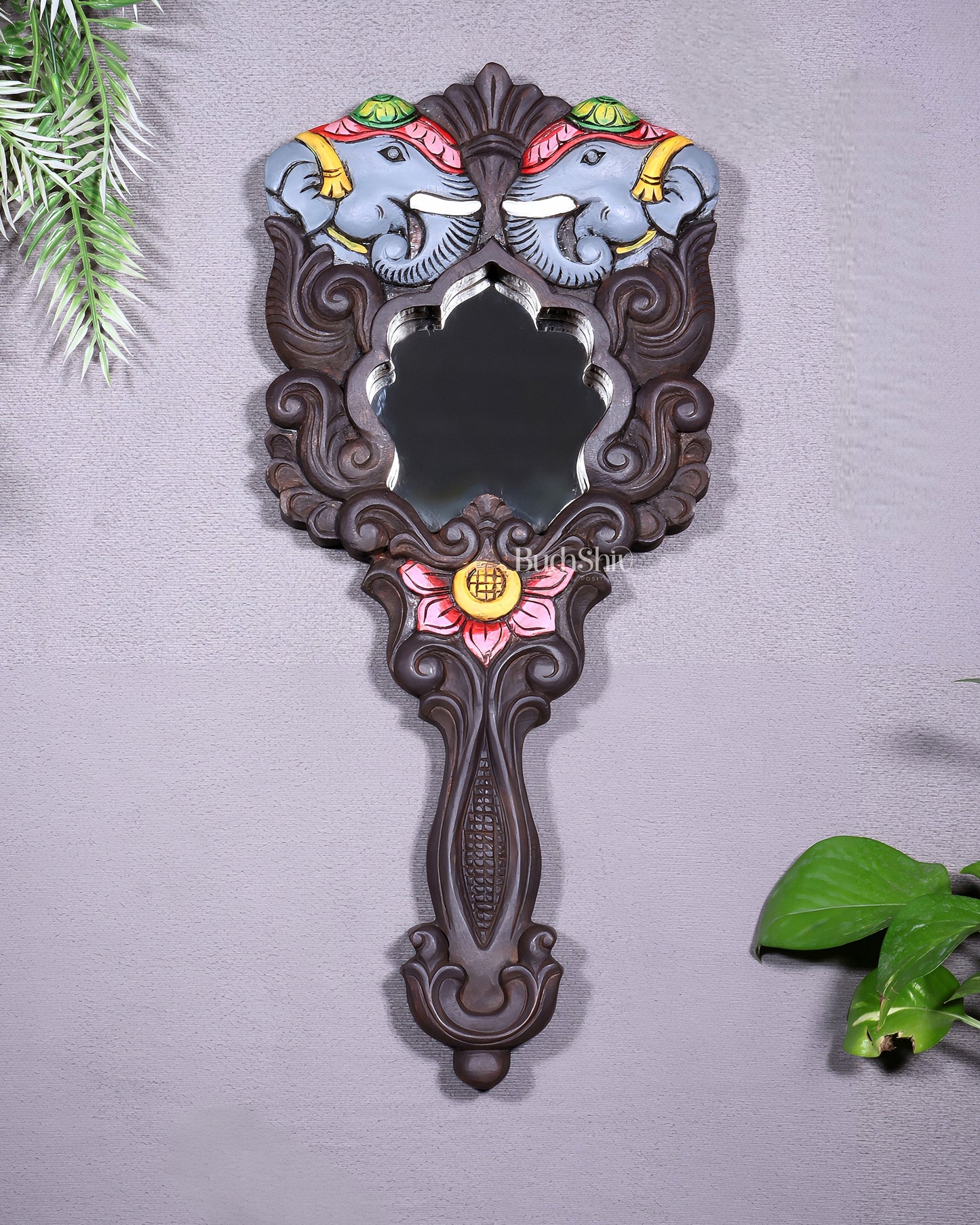 Wooden Twin Elephant Wall Hanging Mirror with Lotus Motif – Handcrafted