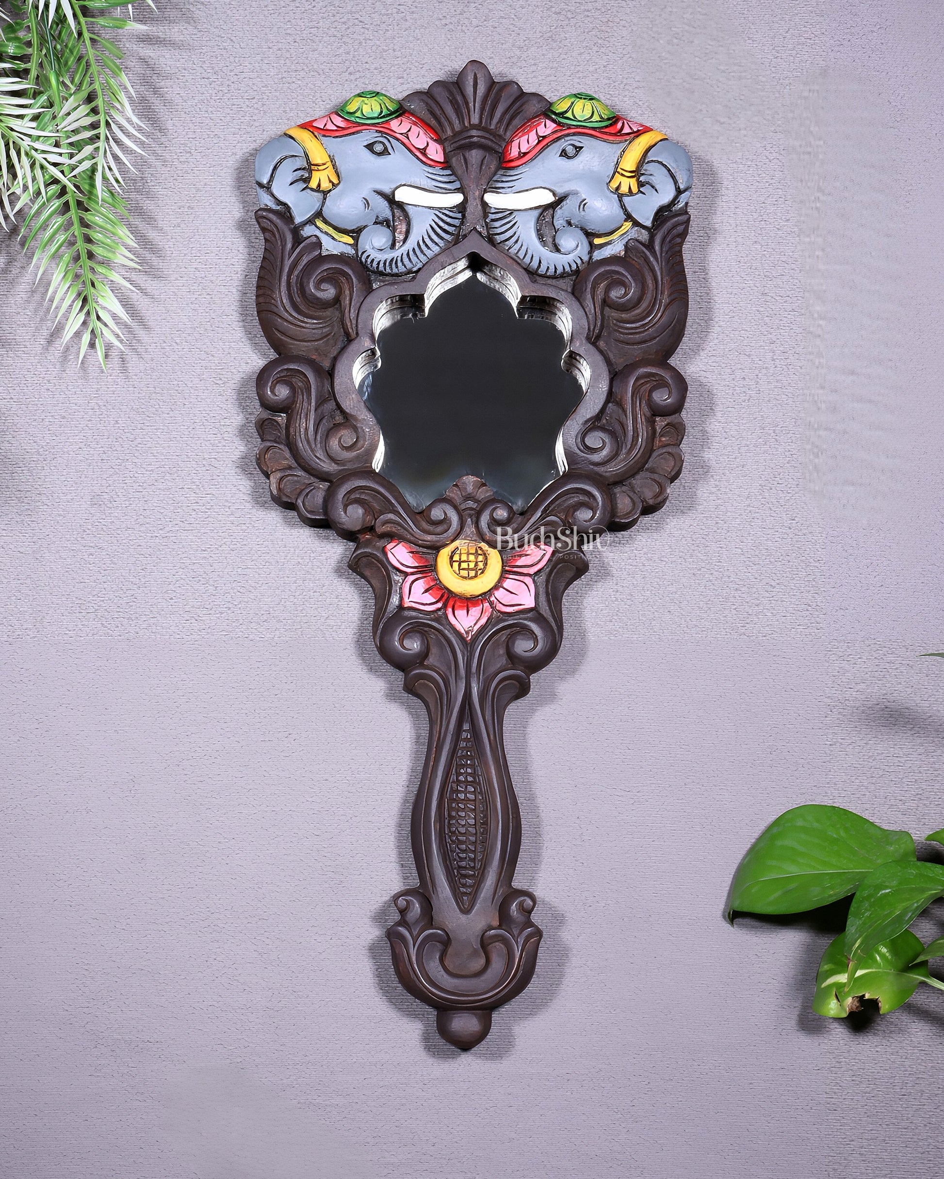 Wooden Twin Elephant Wall Hanging Mirror with Lotus Motif – Handcrafted