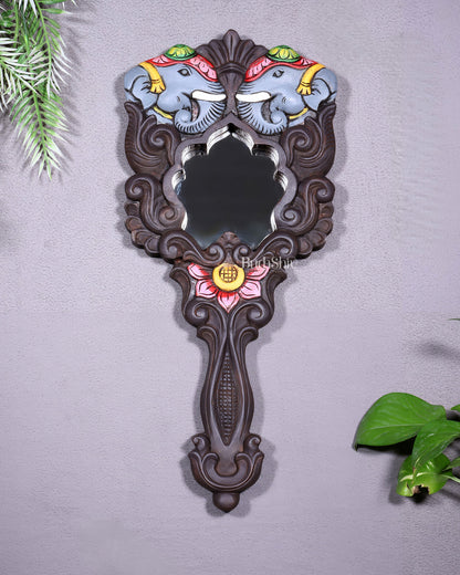 Wooden Twin Elephant Wall Hanging Mirror with Lotus Motif – Handcrafted