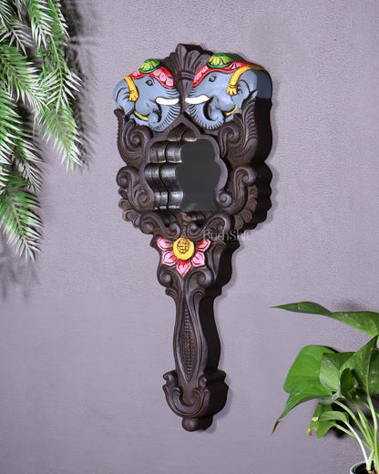 Wooden Twin Elephant Wall Hanging Mirror with Lotus Motif – Handcrafted