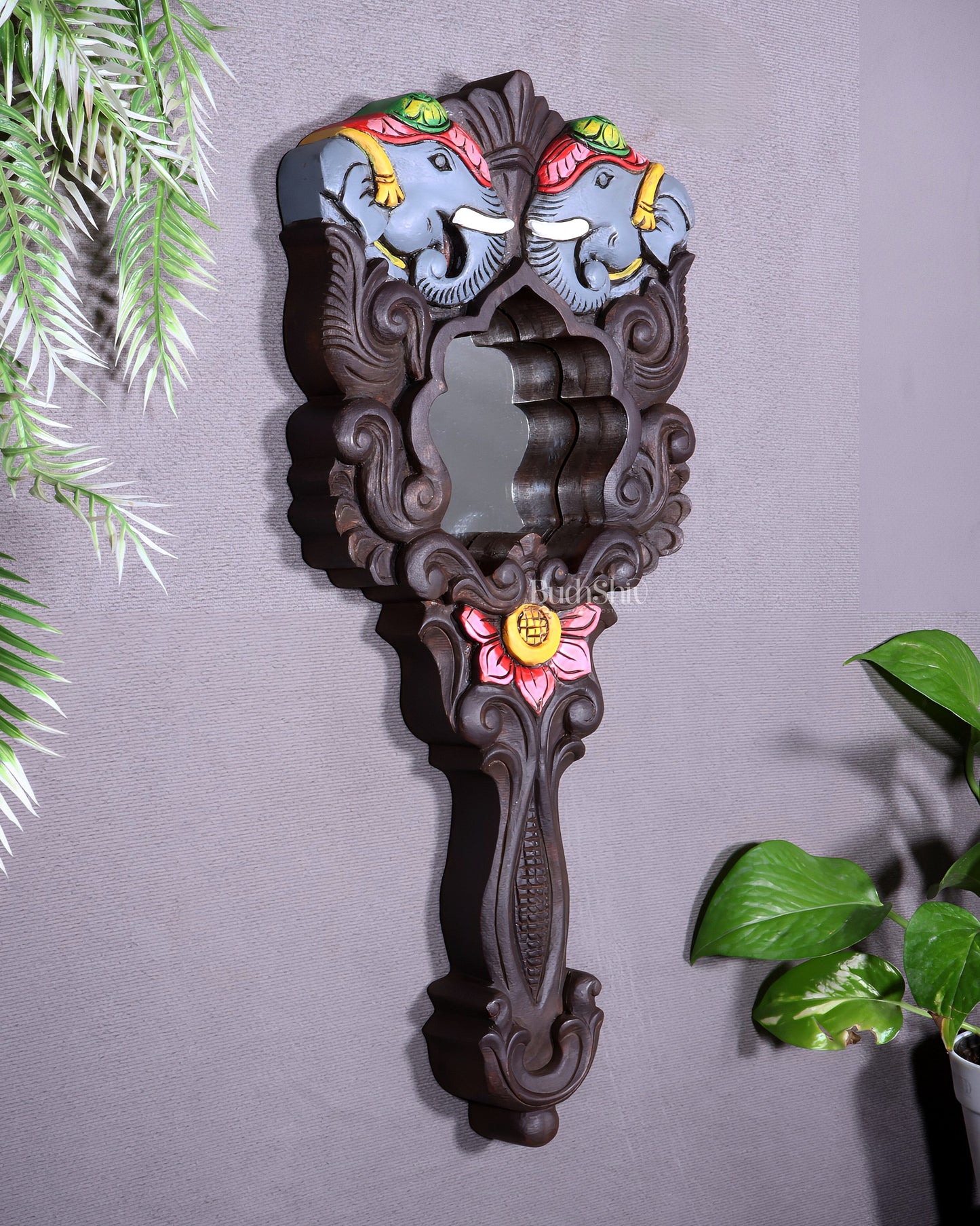 Wooden Twin Elephant Wall Hanging Mirror with Lotus Motif – Handcrafted