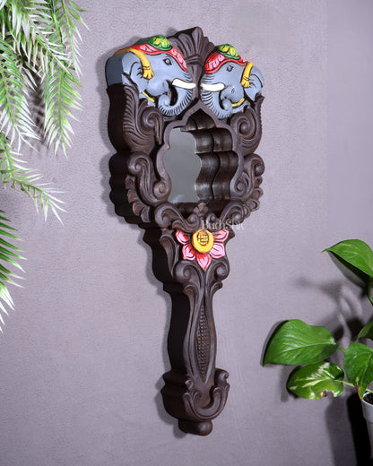 Wooden Twin Elephant Wall Hanging Mirror with Lotus Motif – Handcrafted
