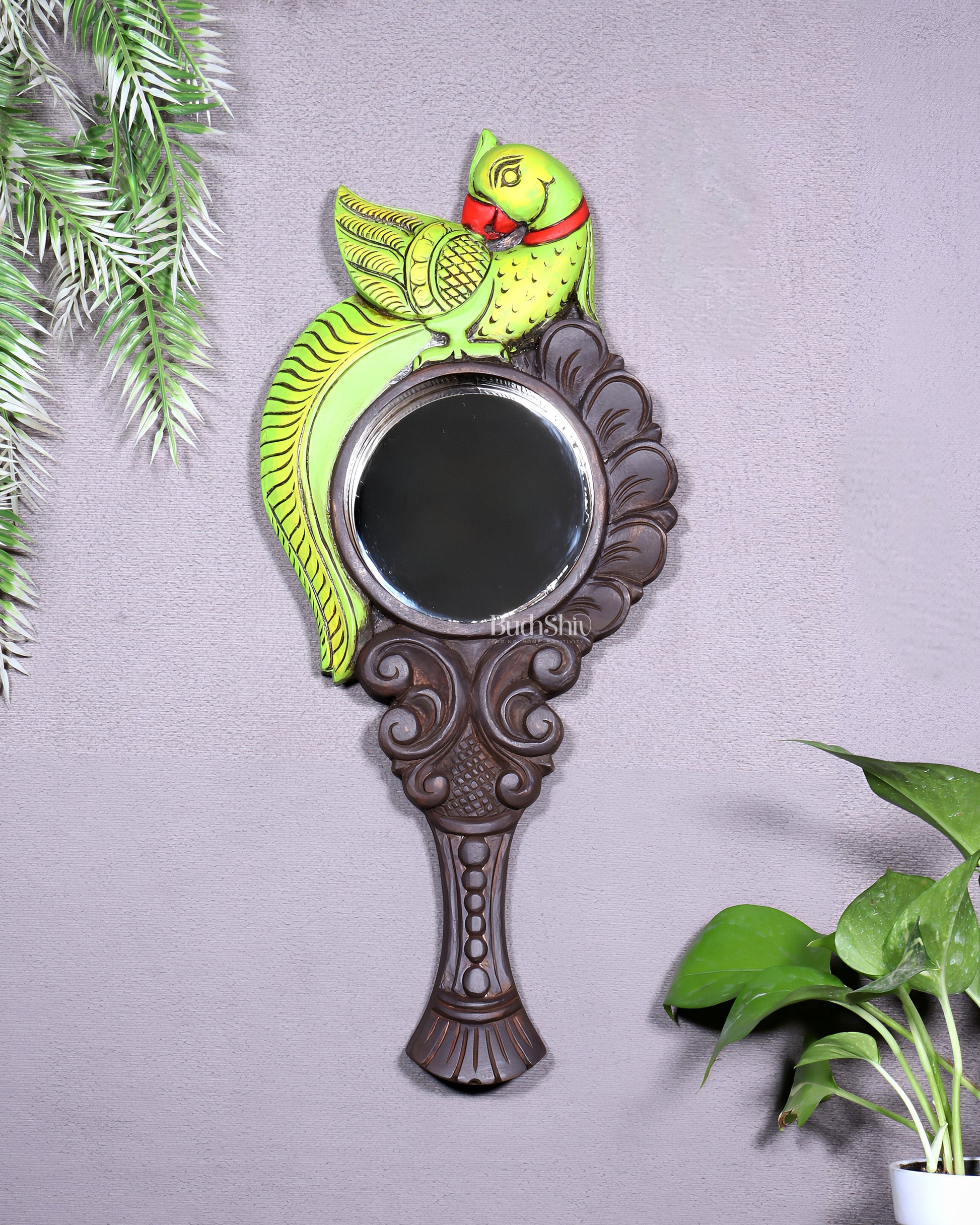Wooden Parrot Design Hanging Mirror – Handcrafted Elegance