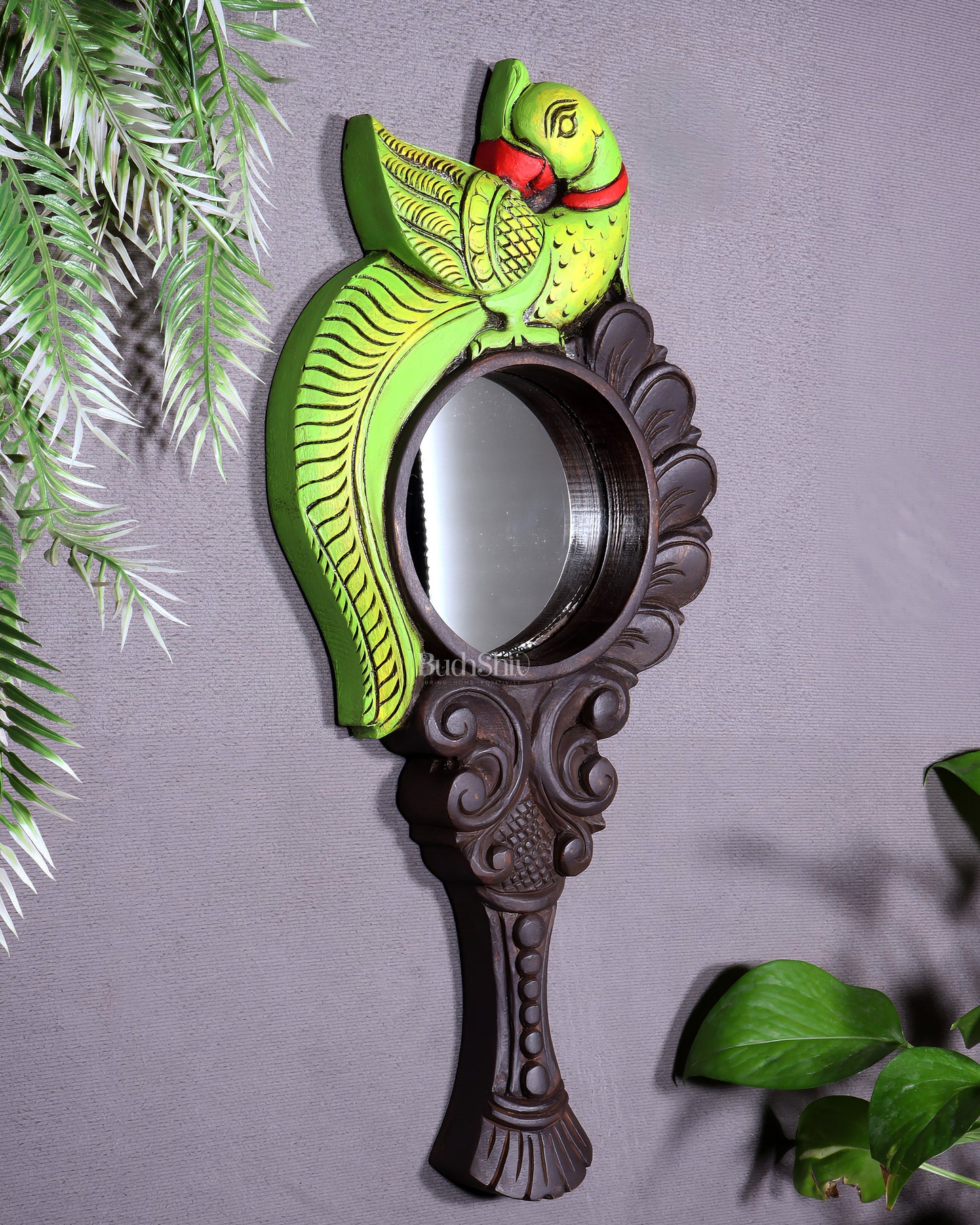 Wooden Parrot Design Hanging Mirror – Handcrafted Elegance