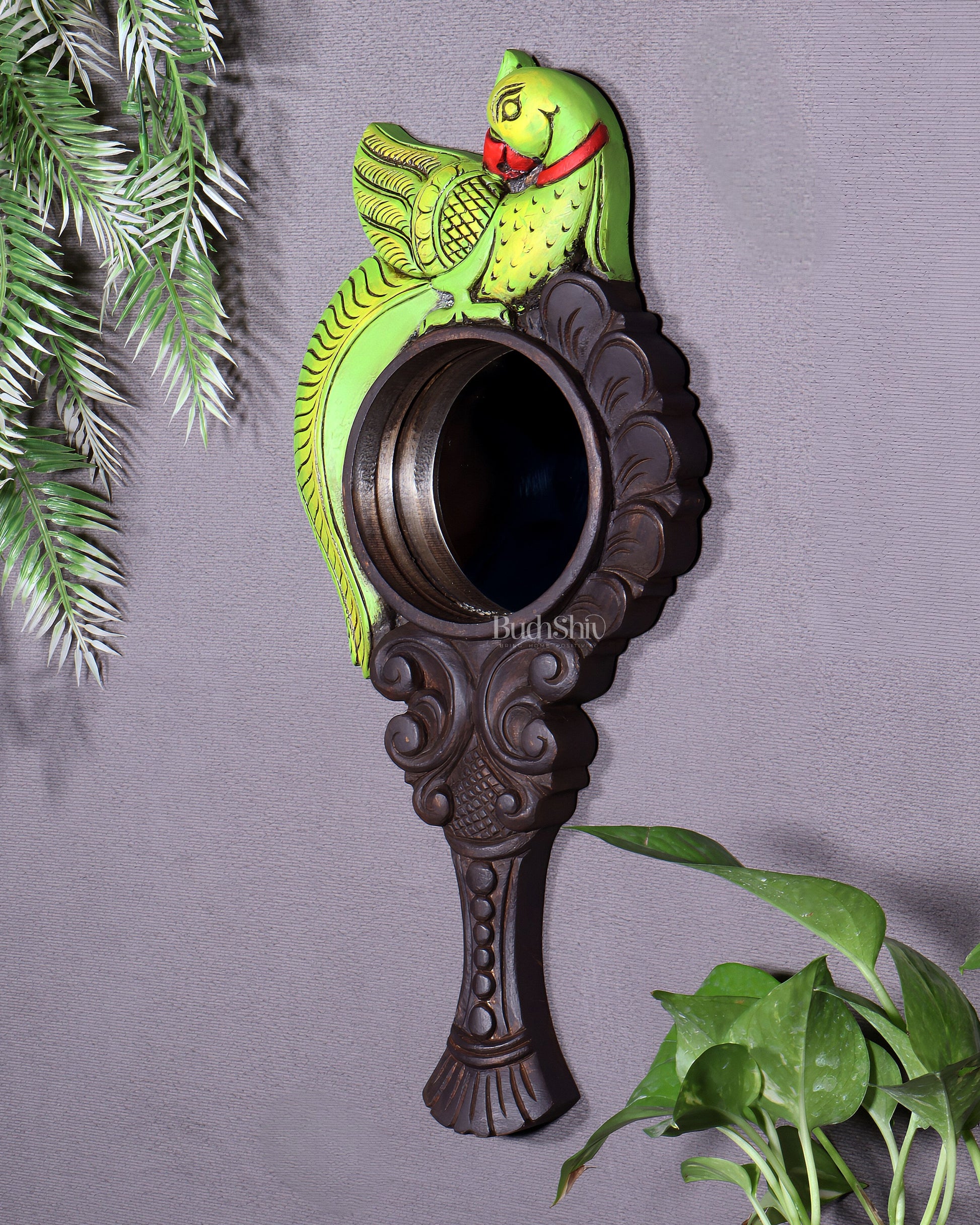 Wooden Parrot Design Hanging Mirror – Handcrafted Elegance