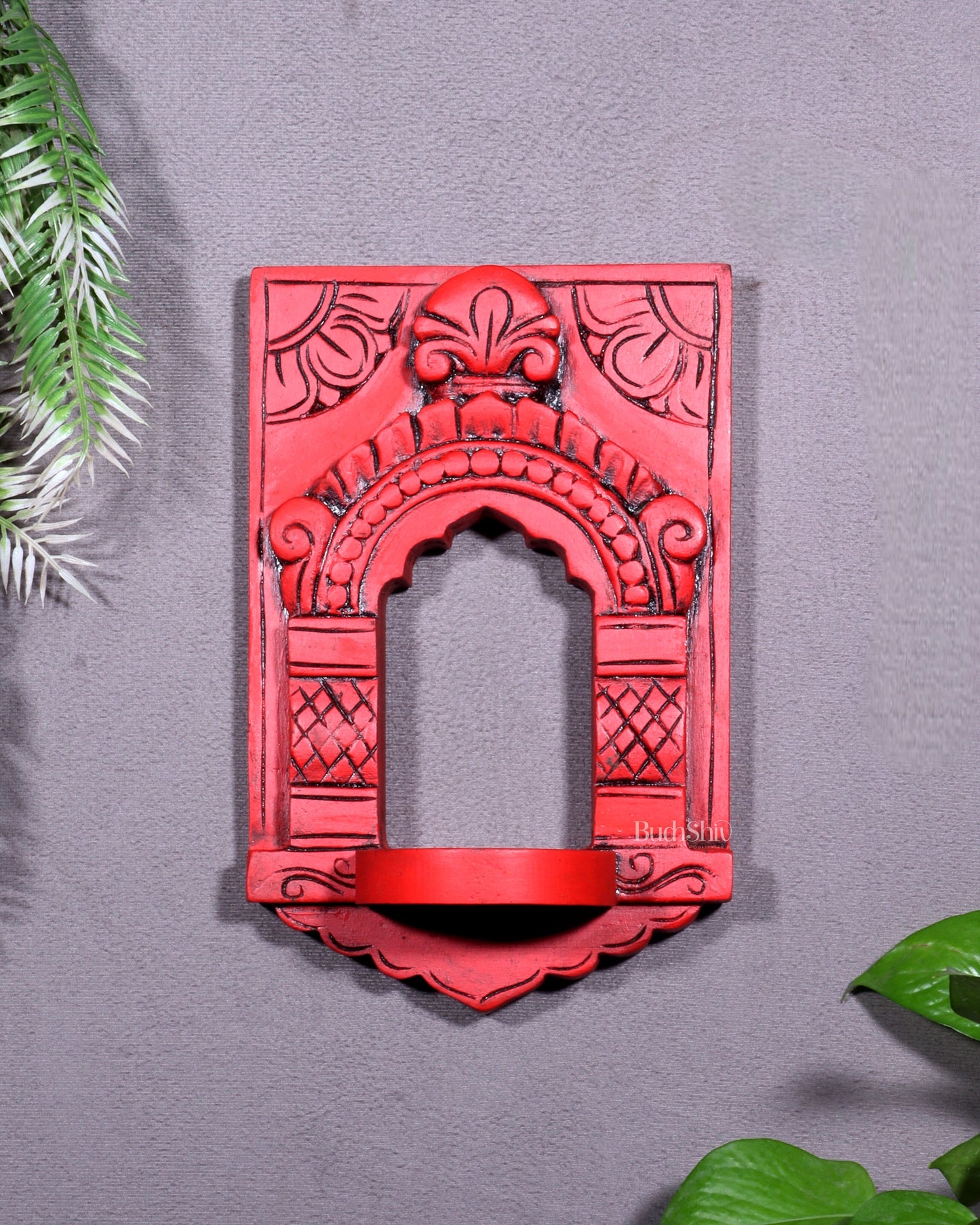 Wooden Wall Hanging Jharokha Arch – Handcrafted Decorative Shelf (Red)