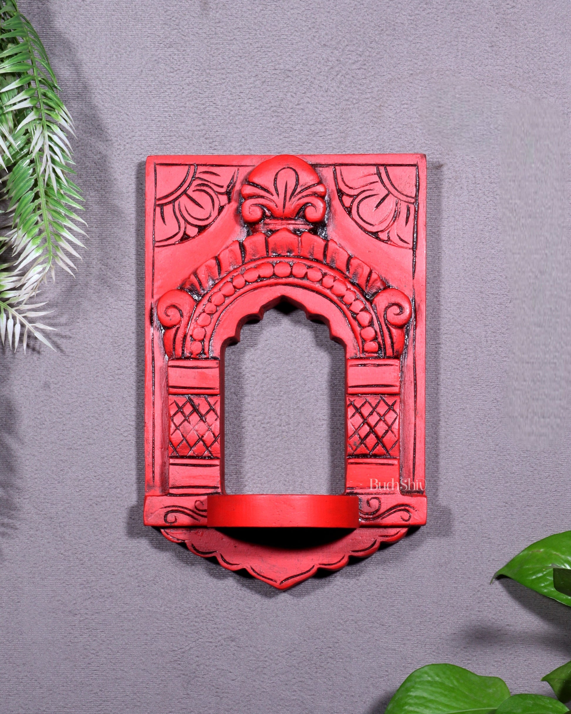 Wooden Wall Hanging Jharokha Arch – Handcrafted Decorative Shelf (Red)