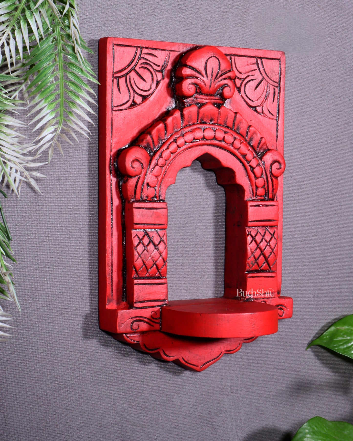 Wooden Wall Hanging Jharokha Arch – Handcrafted Decorative Shelf (Red)