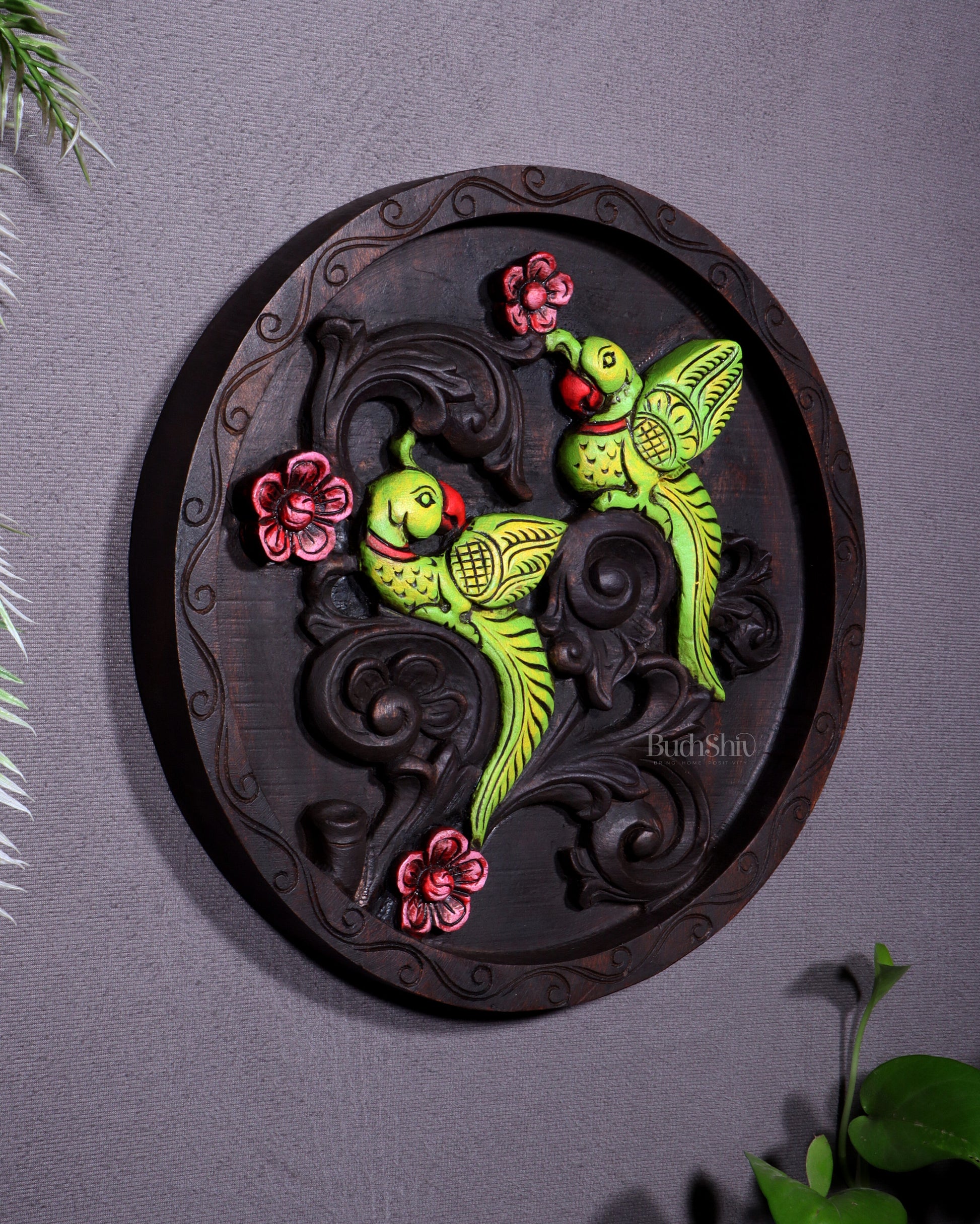 Round Wooden Parrots Wall Hanging – Handcrafted Decorative Wall Art