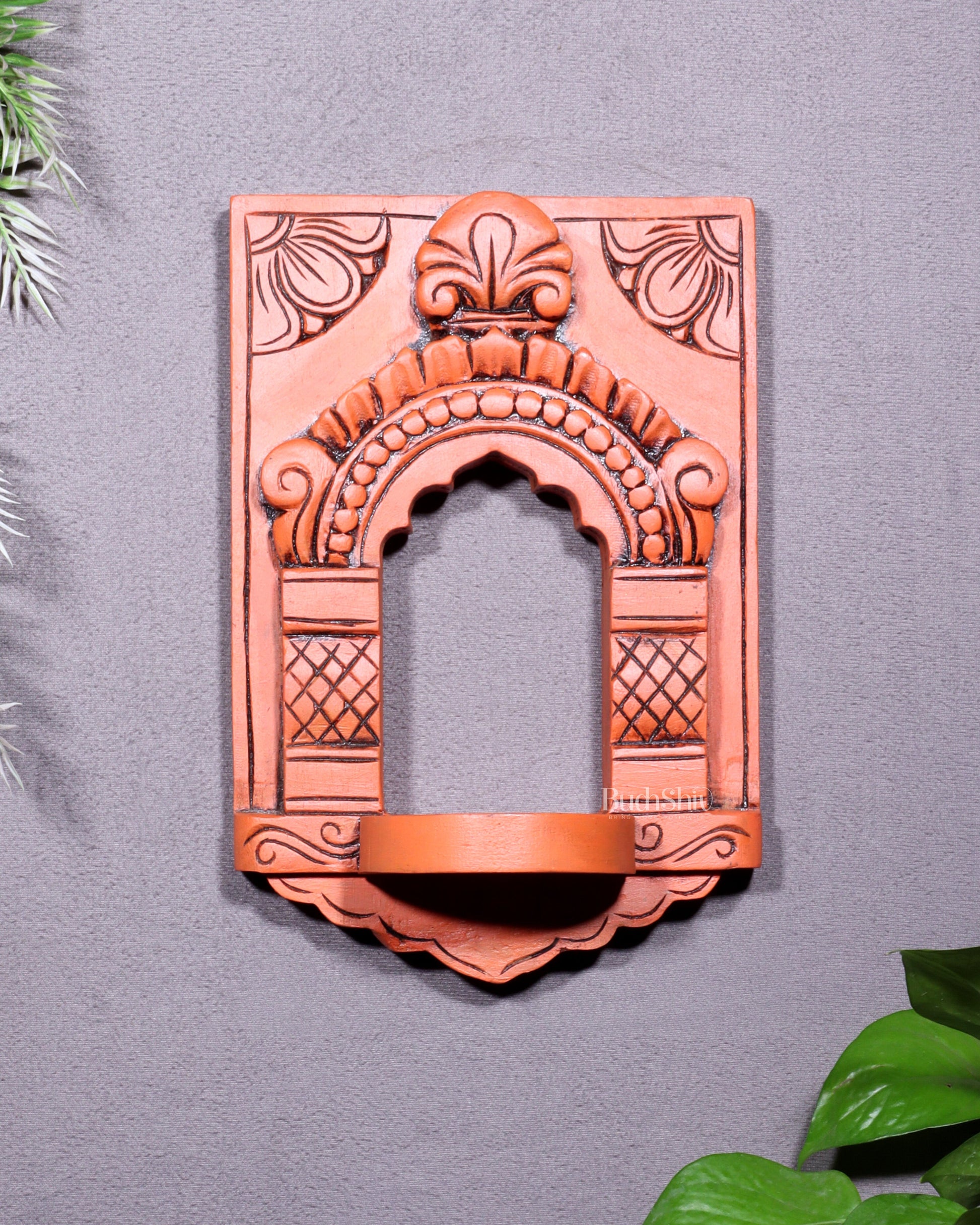 Wooden Wall Hanging Jharokha Arch – Handcrafted Decorative Shelf (Earthy red)