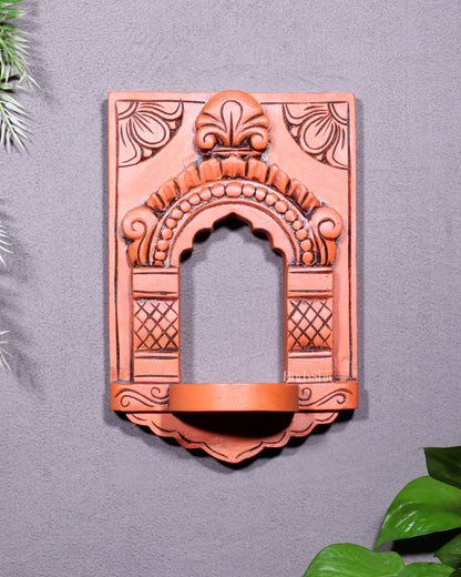 Wooden Wall Hanging Jharokha Arch – Handcrafted Decorative Shelf (Earthy red)