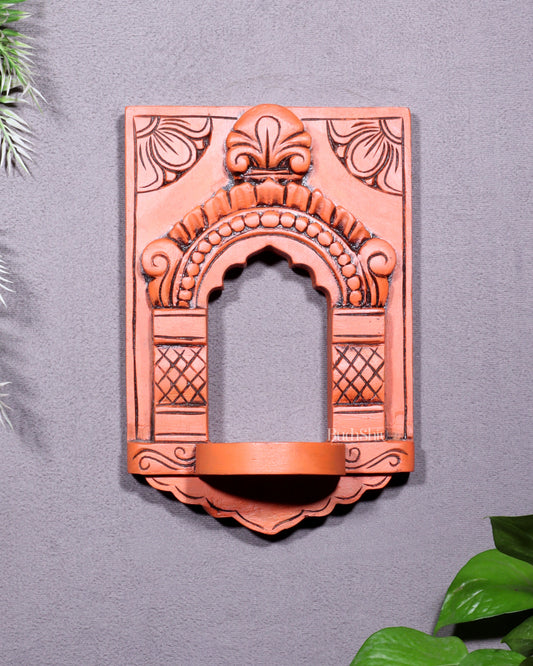 Wooden Wall Hanging Jharokha Arch – Handcrafted Decorative Shelf (Earthy red)