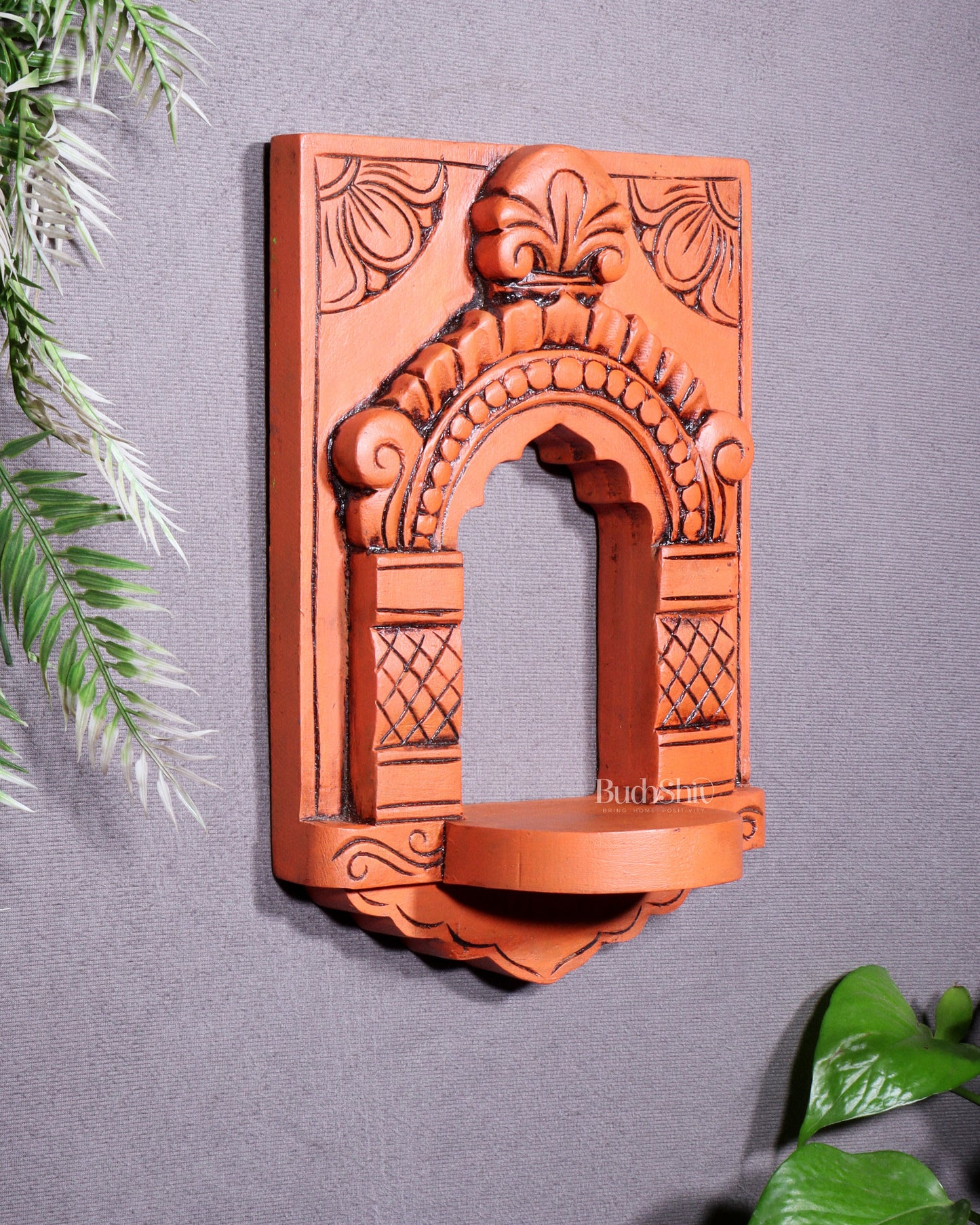 Wooden Wall Hanging Jharokha Arch – Handcrafted Decorative Shelf (Earthy red)