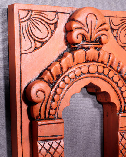 Wooden Wall Hanging Jharokha Arch – Handcrafted Decorative Shelf (Earthy red)