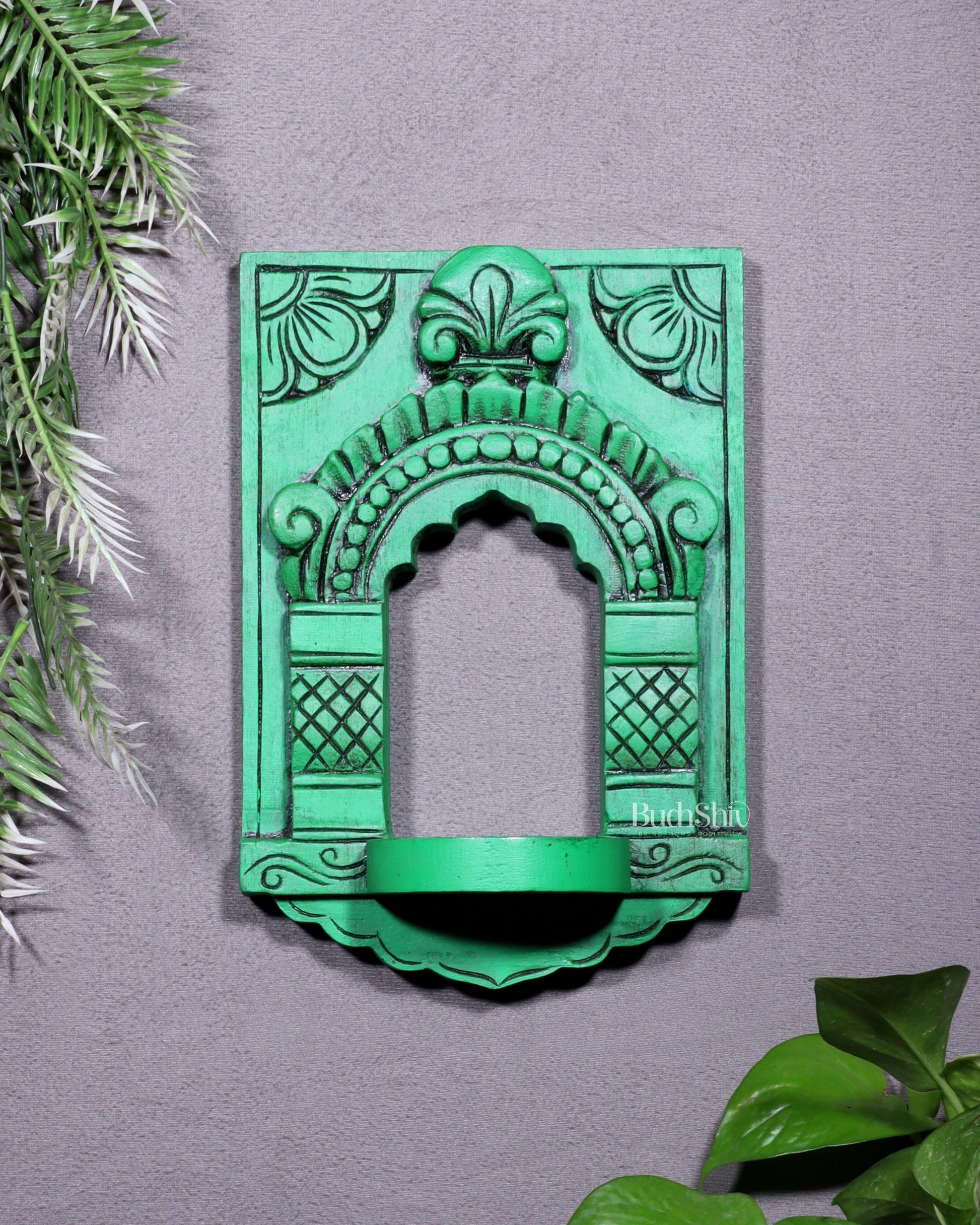 Wooden Wall Hanging Jharokha Arch – Handcrafted Decorative Shelf (Green)
