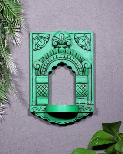 Wooden Wall Hanging Jharokha Arch – Handcrafted Decorative Shelf (Green)