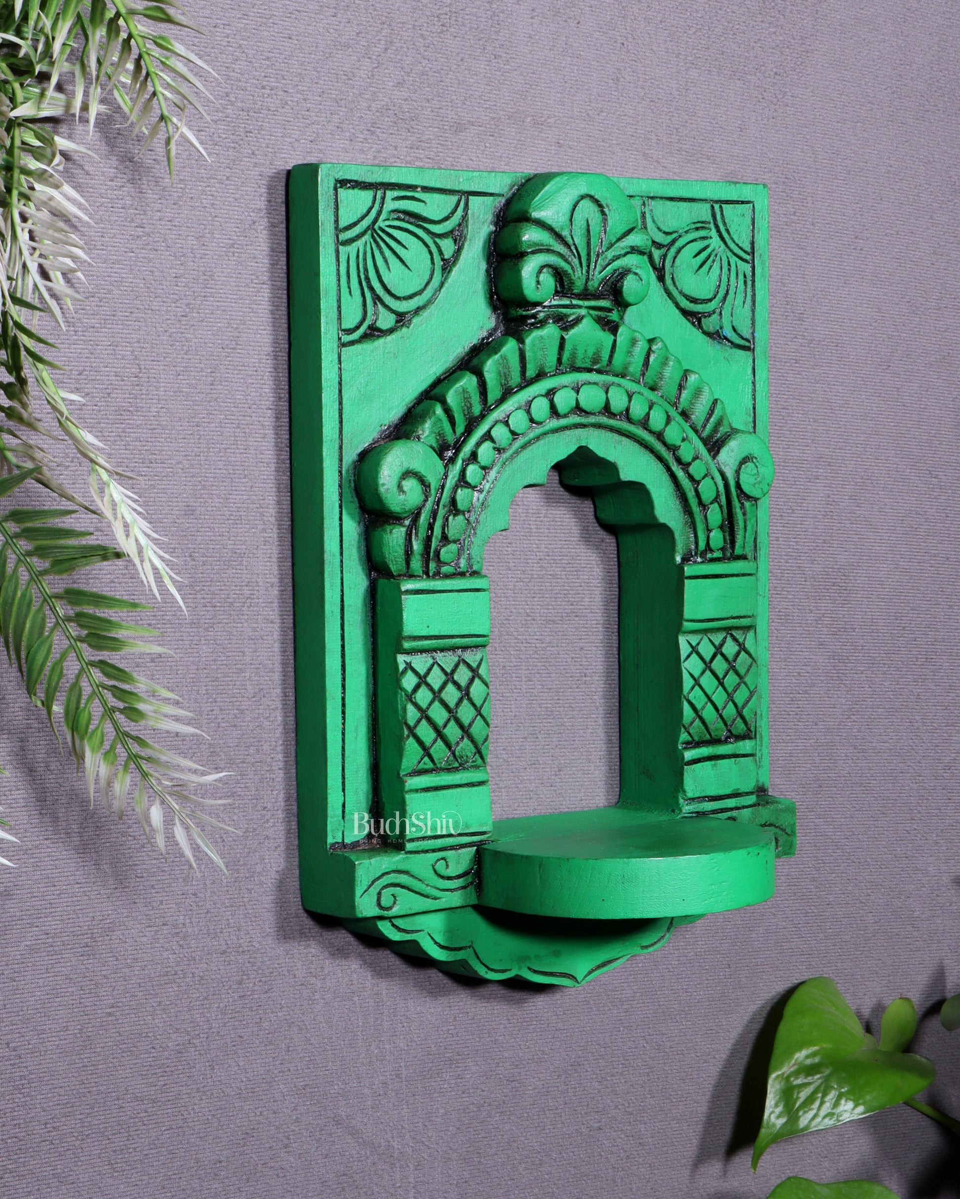 Wooden Wall Hanging Jharokha Arch – Handcrafted Decorative Shelf (Green)