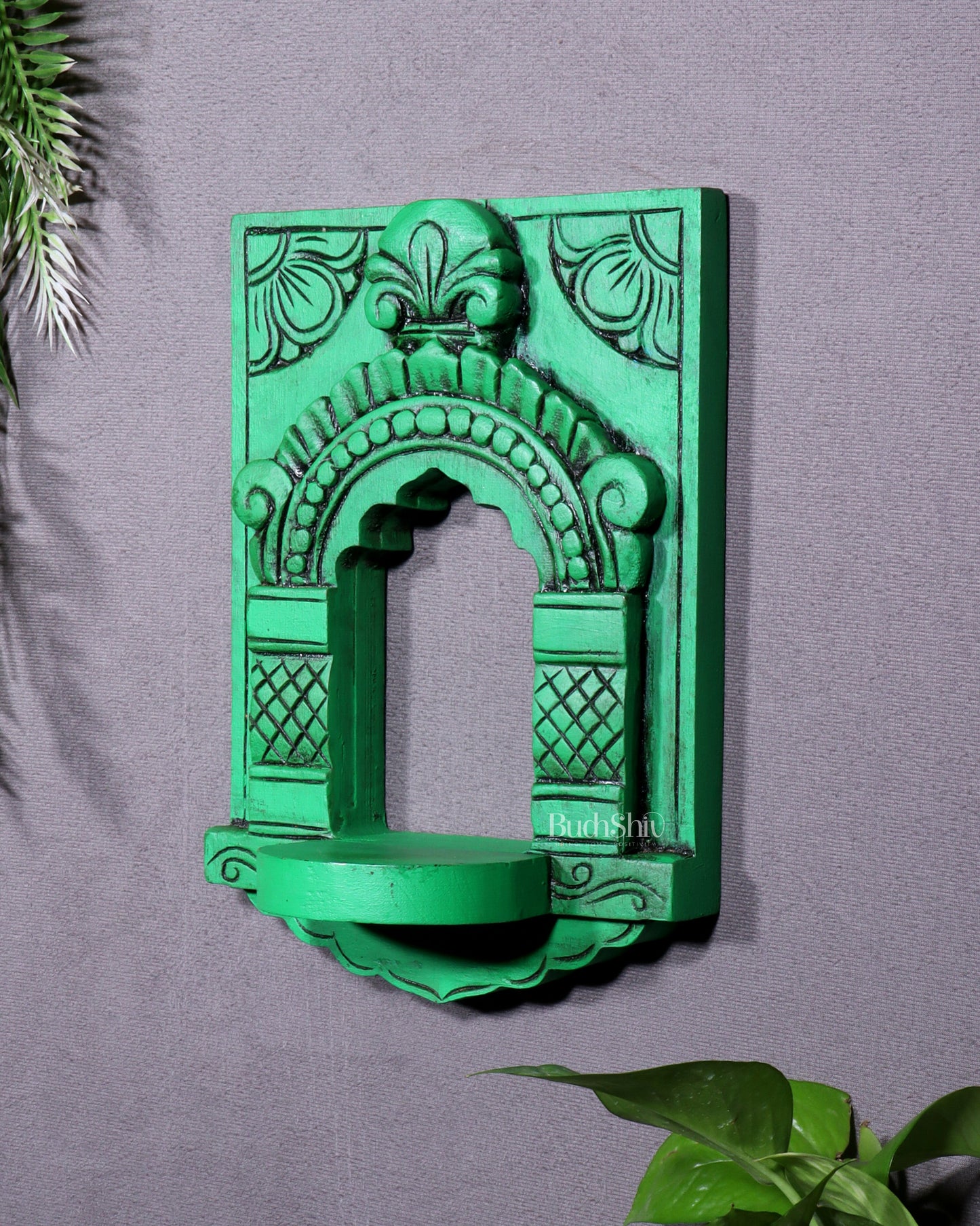 Wooden Wall Hanging Jharokha Arch – Handcrafted Decorative Shelf (Green)