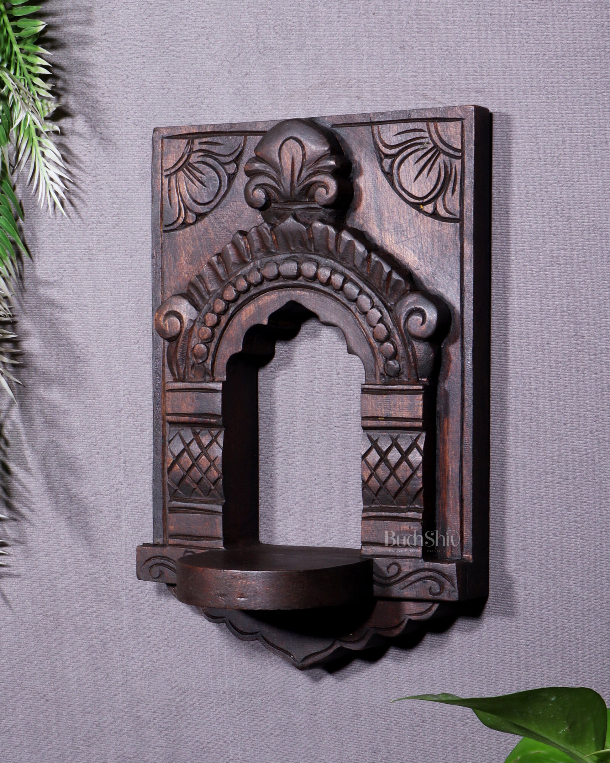 Wooden Wall Hanging Jharokha Arch – Handcrafted Decorative Shelf (Natural tone)