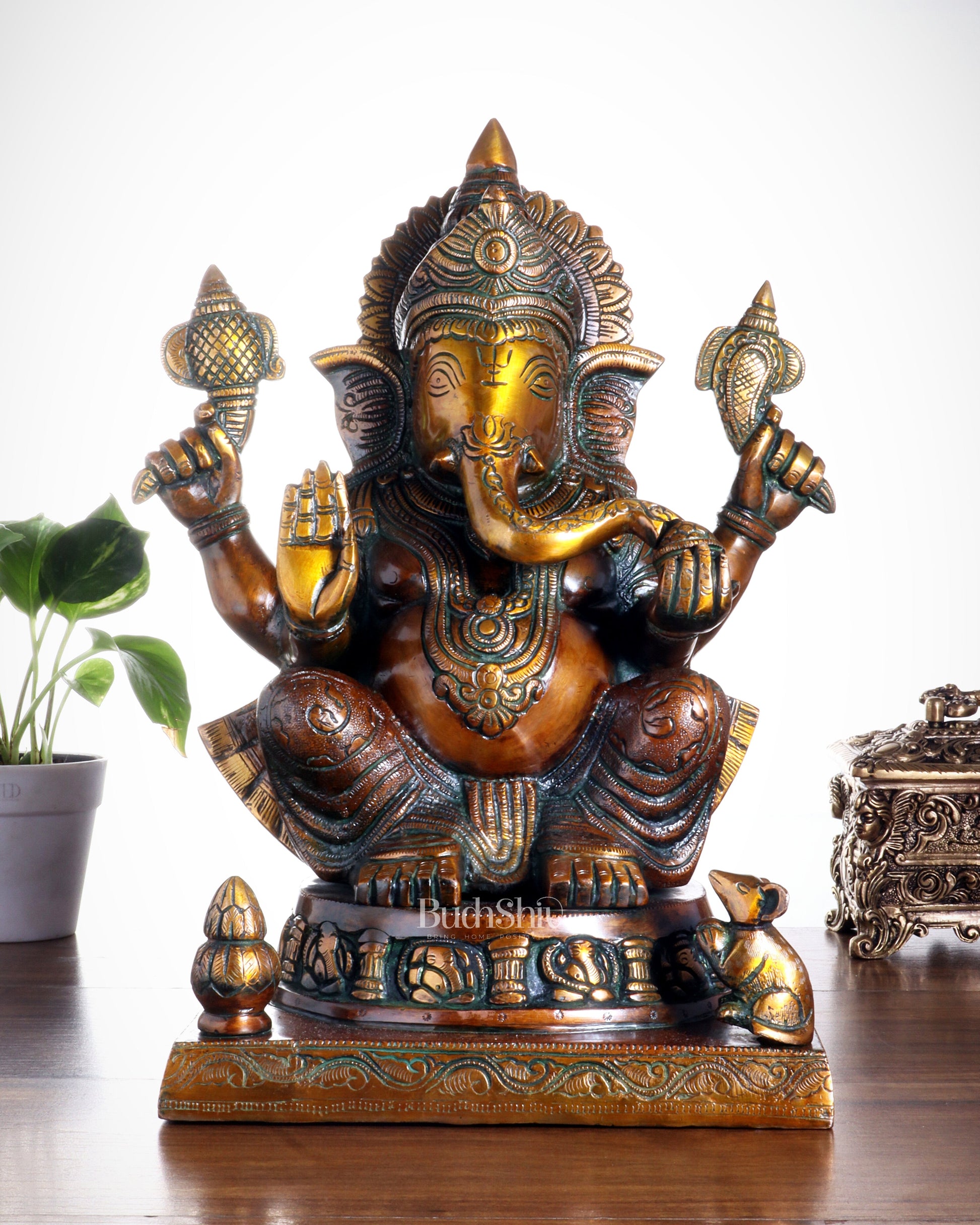 Brass Ganesha Statue with Ashtavinayak Carvings – 15 Inch chola tone