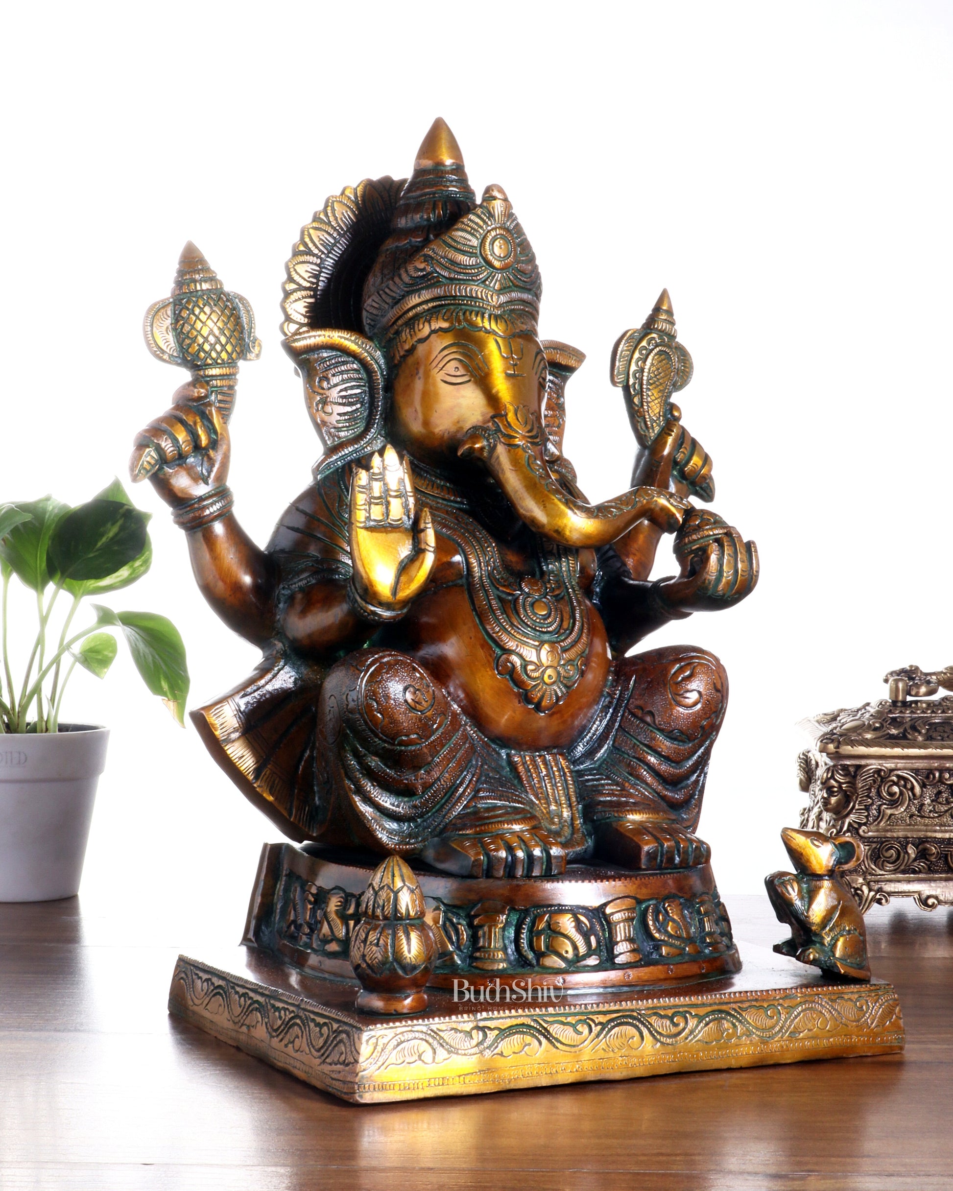 Brass Ganesha Statue with Ashtavinayak Carvings – 15 Inch chola tone