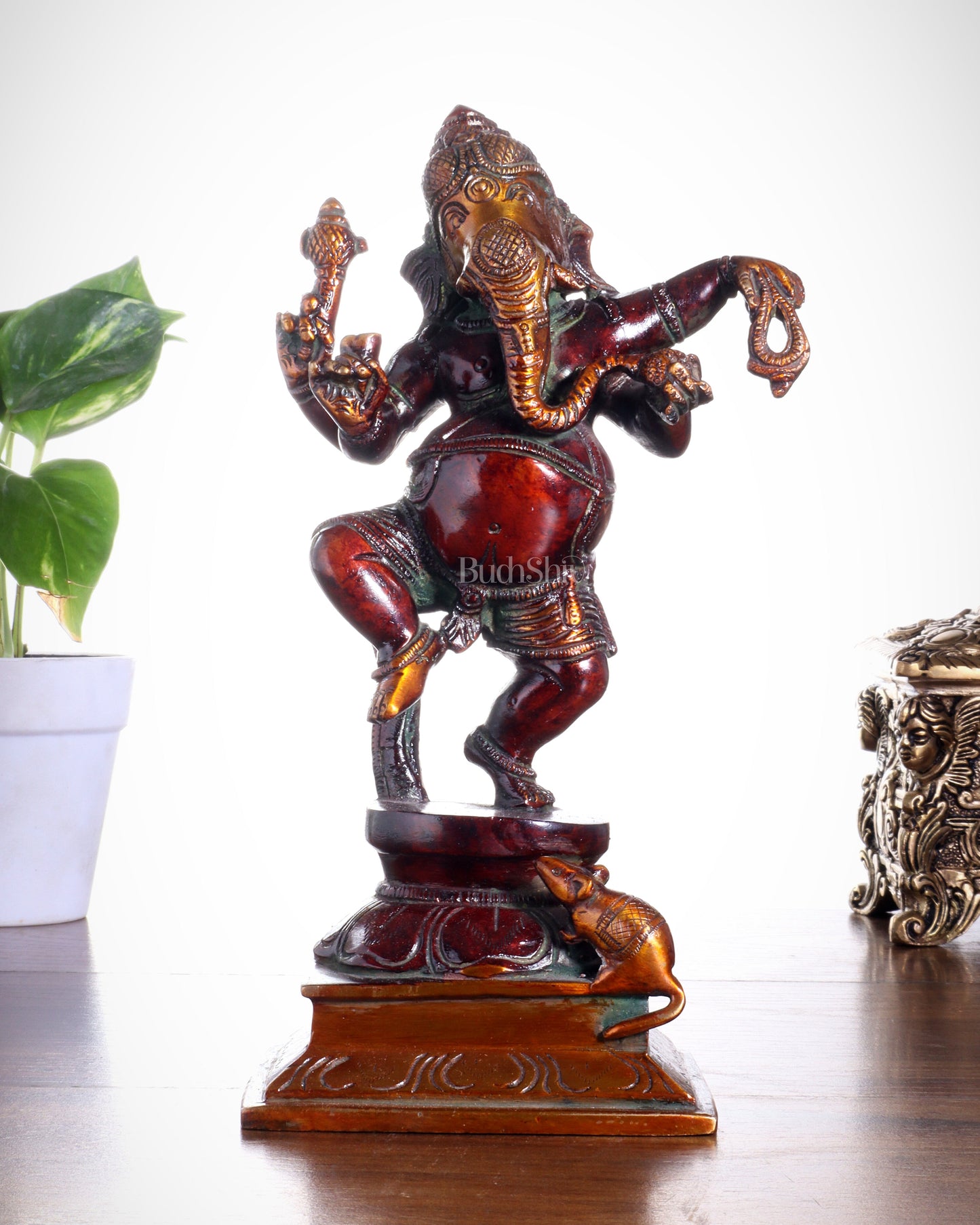 Pure Brass Dancing Ganesha with Stone Inlay – Shiny Chola Tone Finish 9"