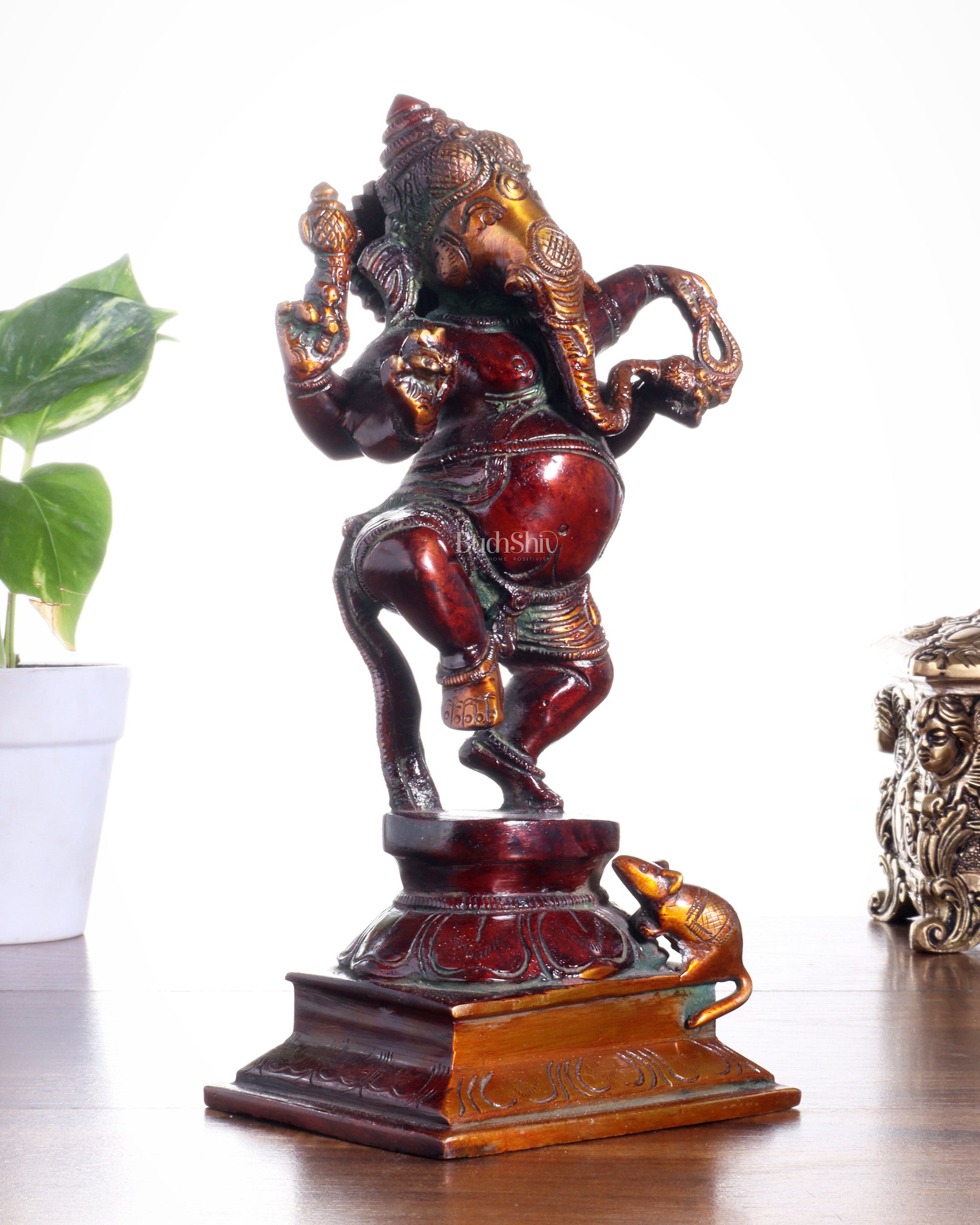 Pure Brass Dancing Ganesha with Stone Inlay – Shiny Chola Tone Finish 9"