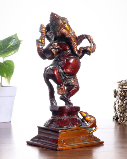 Pure Brass Dancing Ganesha with Stone Inlay – Shiny Chola Tone Finish 9"