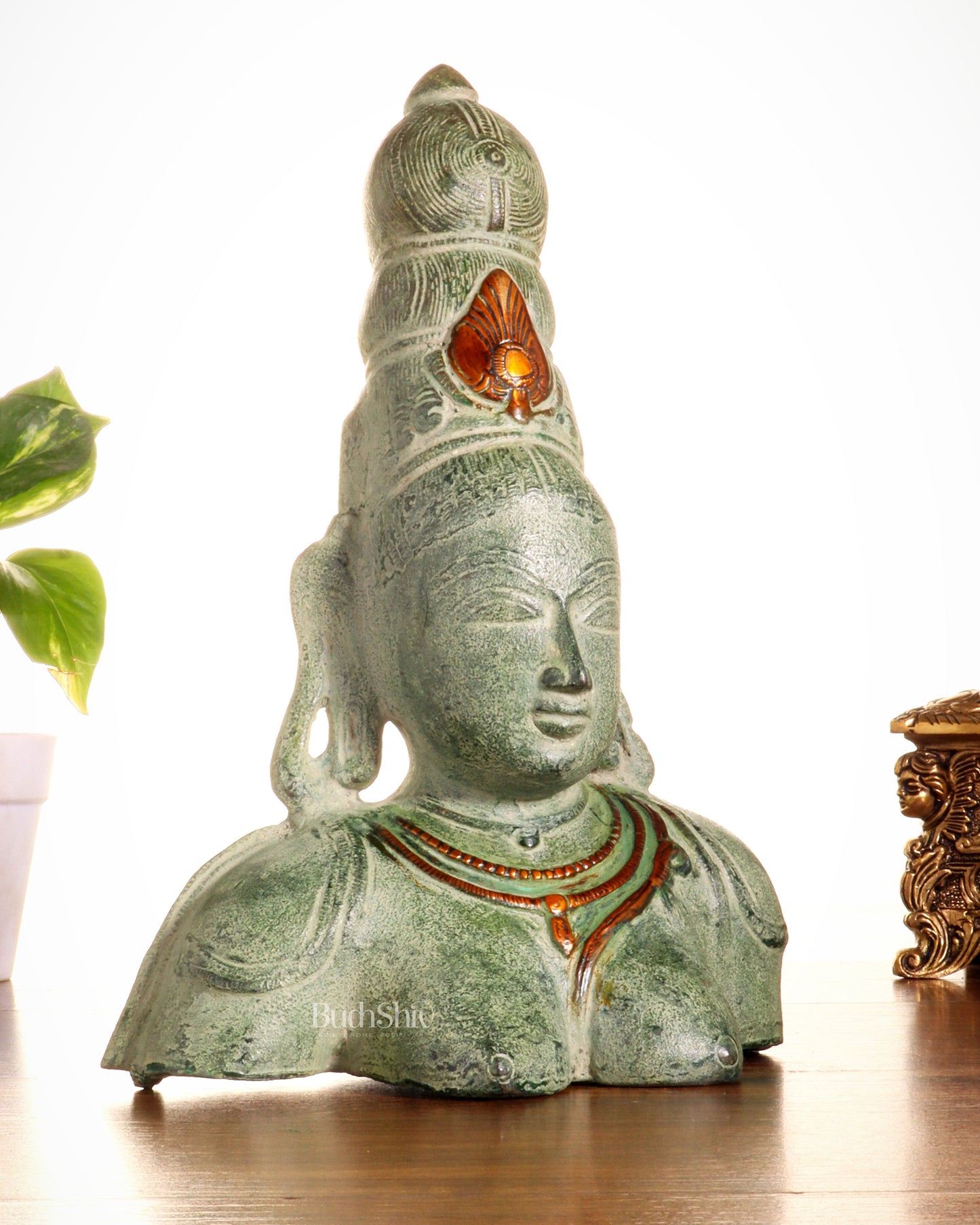 Vintage Brass Parvati Face Statue – Uma Bust in Green Sand Patina 10.5"