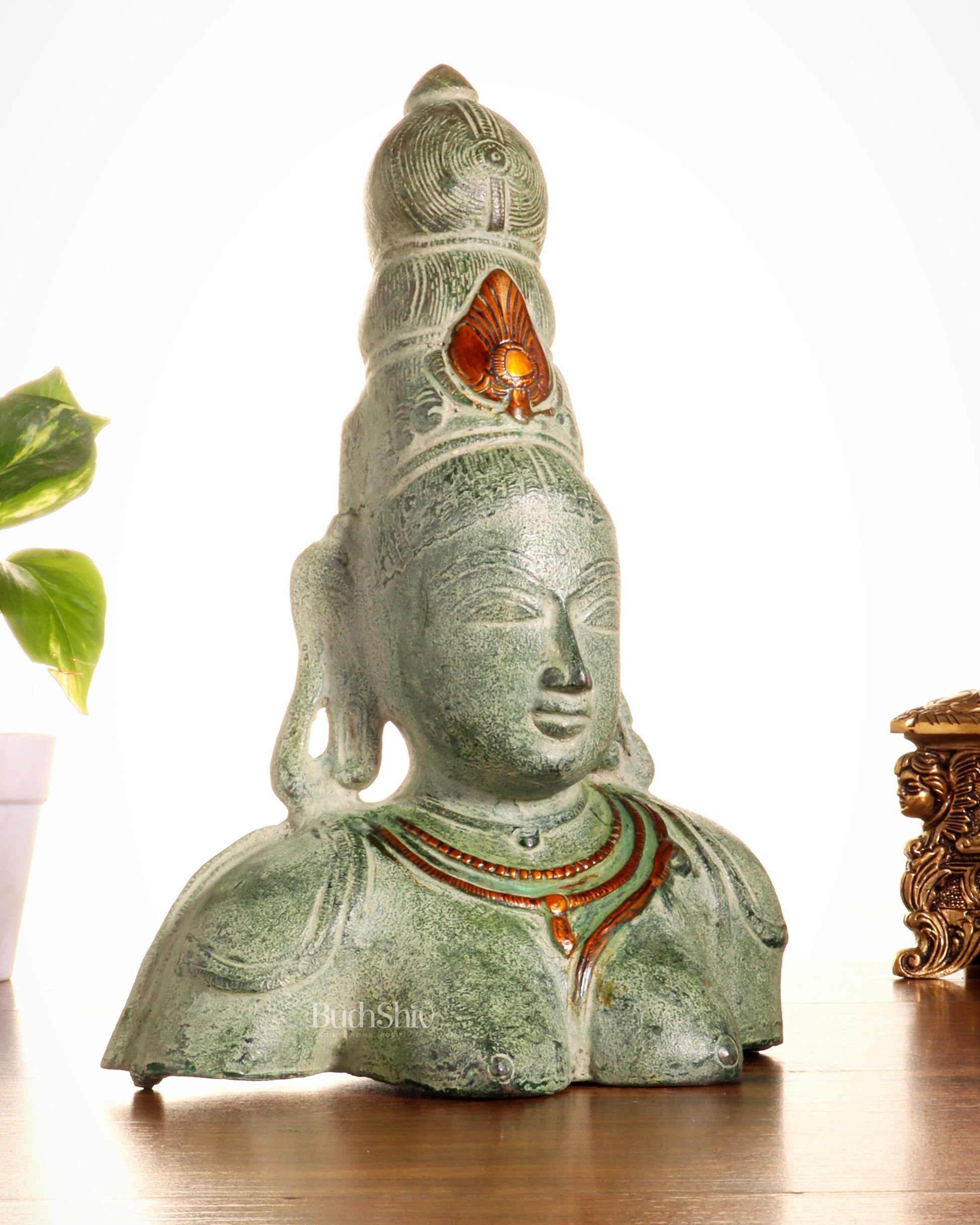 Vintage Brass Parvati Face Statue – Uma Bust in Green Sand Patina 10.5"