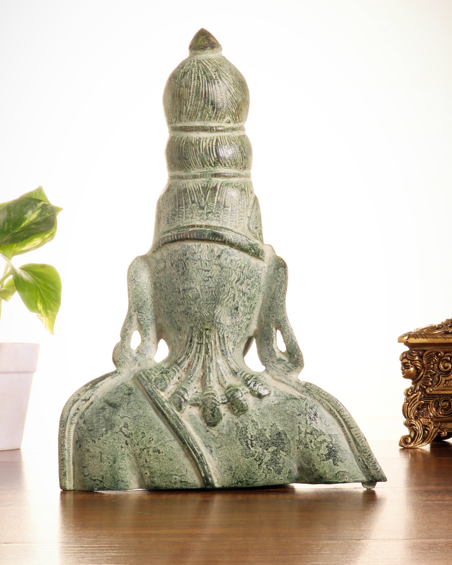 Vintage Brass Parvati Face Statue – Uma Bust in Green Sand Patina 10.5"