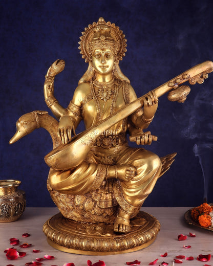 Pure Brass Large Goddess Saraswati Seated on Swan statue 24"