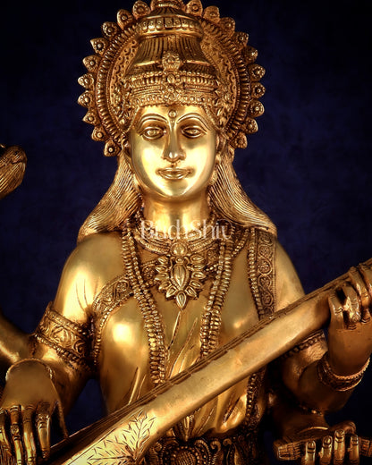 Pure Brass Large Goddess Saraswati Seated on Swan statue 24"
