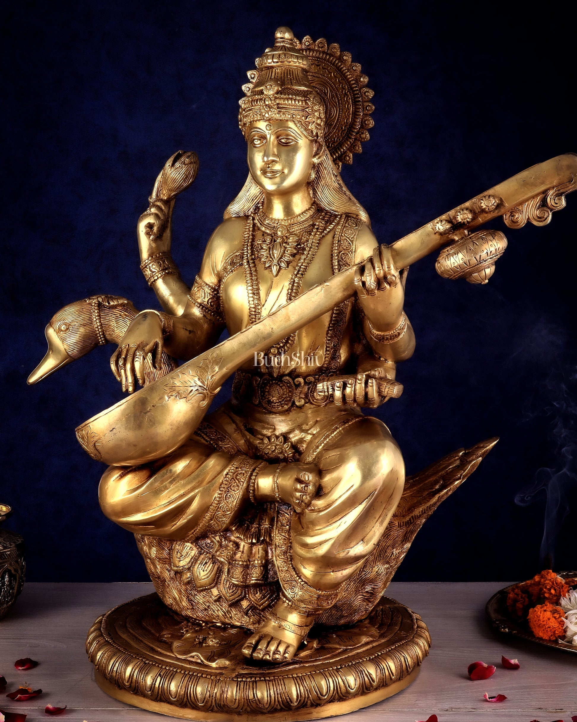 Pure Brass Large Goddess Saraswati Seated on Swan statue 24"