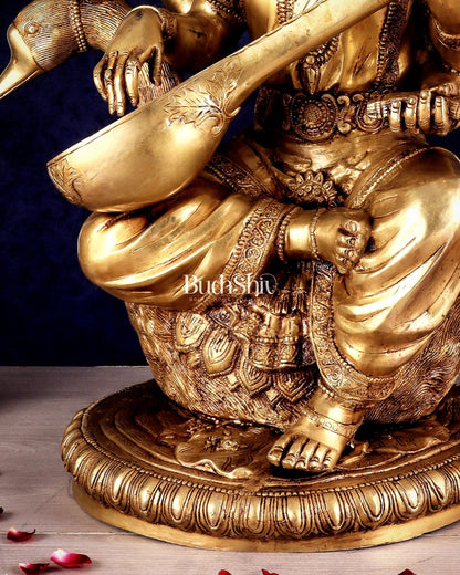 Pure Brass Large Goddess Saraswati Seated on Swan statue 24"