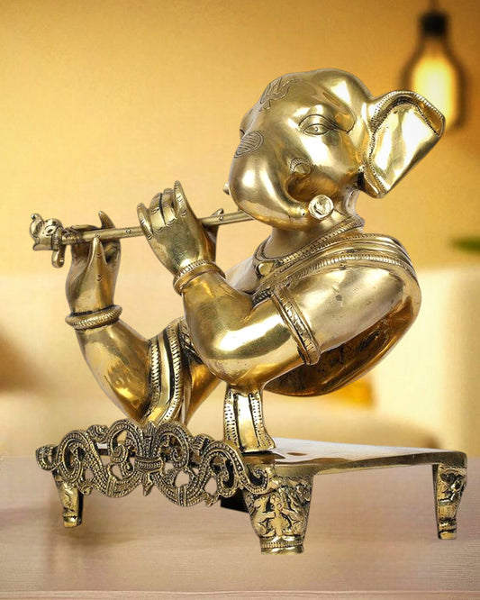 Pure Brass Modern Ganesha Playing Flute – Table Accent Sculpture (11 inch, 7.4 kg)