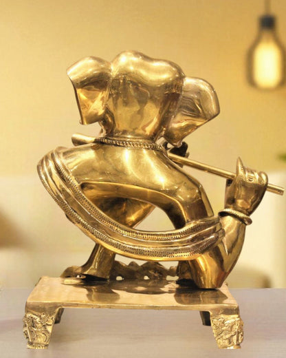 Pure Brass Modern Ganesha Playing Flute – Table Accent Sculpture (11 inch, 7.4 kg)